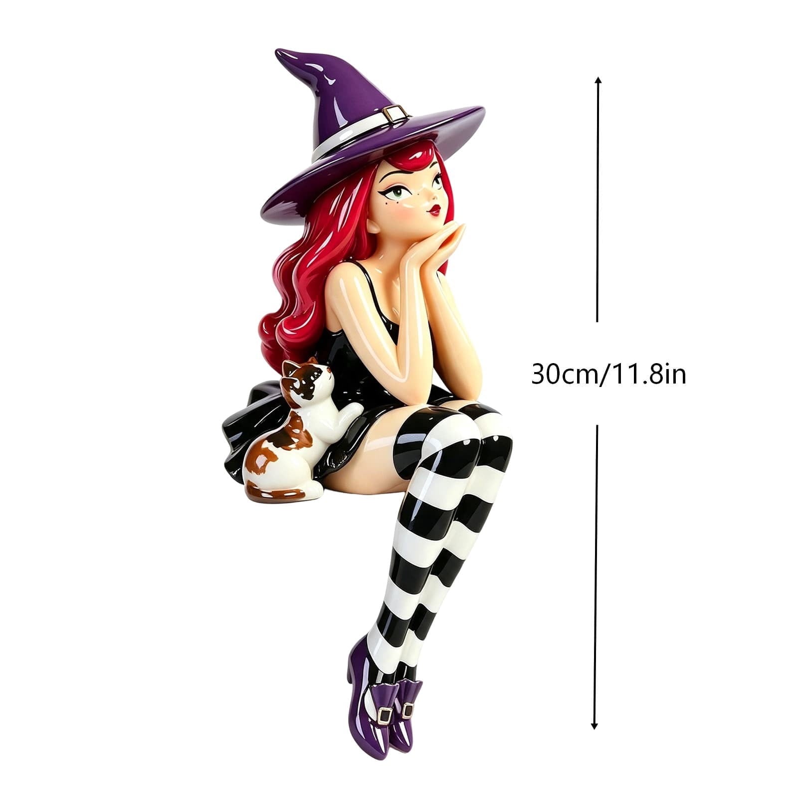 Spooksy™ Halloween Witch Shelf Sitter Figurine Set,3 Pc Gothic Witch Girl Statue With Cat Companion,Witchy Home Decor,Cute Spooky Edge Sitting Witch Decor,Whimsical Tabletop Ornament For Mantel Shelf Office