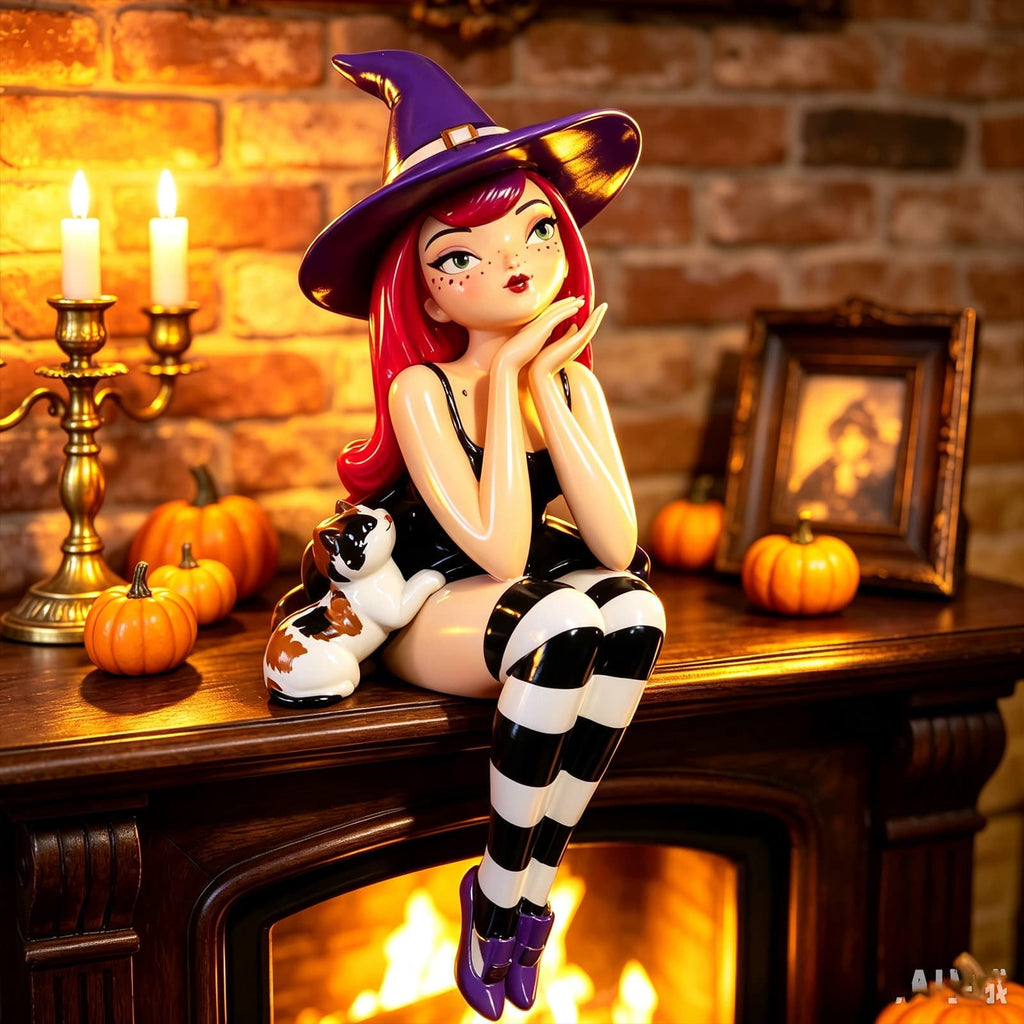 Spooksy™ Halloween Witch Shelf Sitter Figurine Set,3 Pc Gothic Witch Girl Statue With Cat Companion,Witchy Home Decor,Cute Spooky Edge Sitting Witch Decor,Whimsical Tabletop Ornament For Mantel Shelf Office