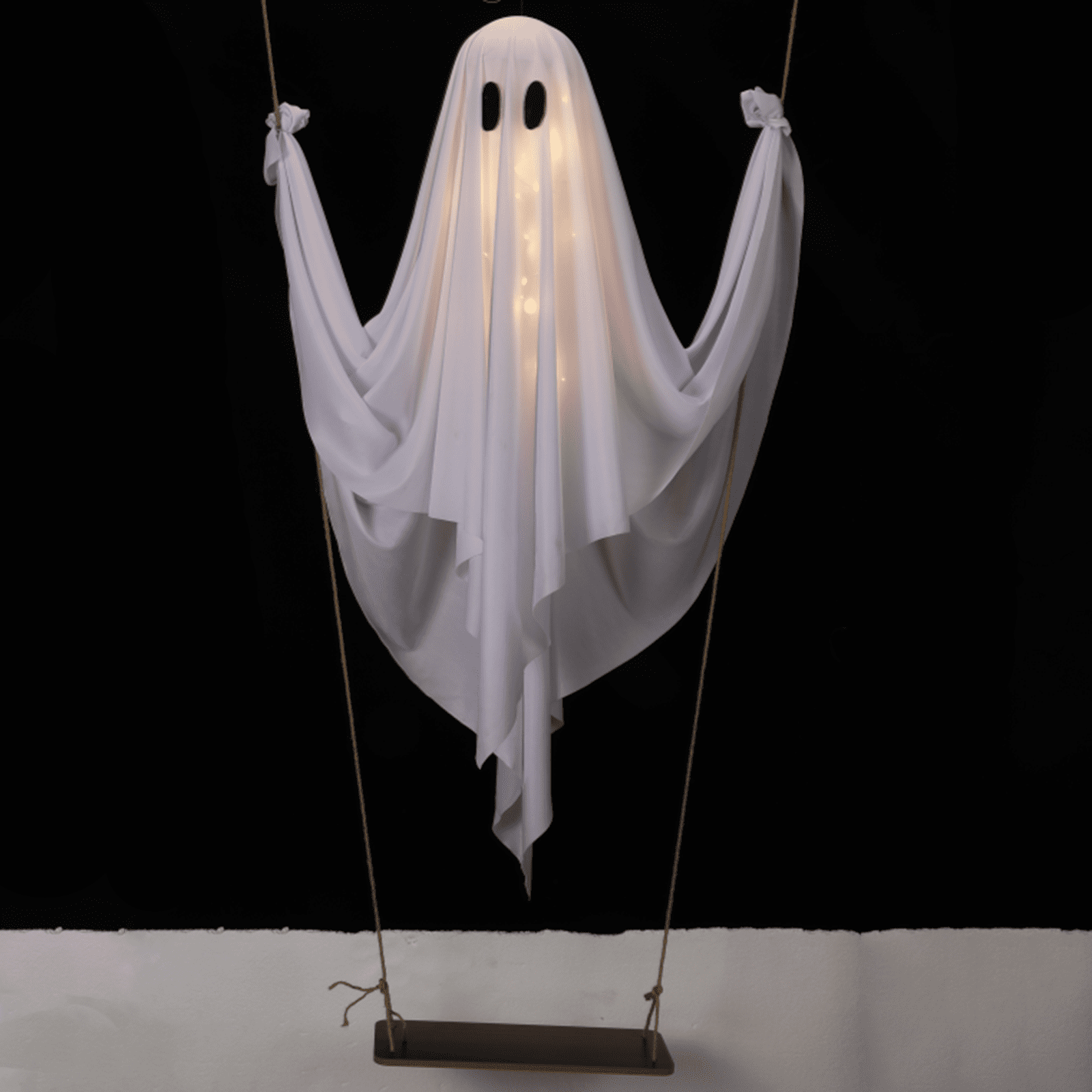 Spooksy™ LED Light Up White Cloth Ghost Swing Tree Hanging Decor, Spooky Flying Ghost On Wooden Swing Outdoor Yard Porch Ornament, Halloween Haunted House Party Tree Hanging Seasonal Atmosphere Decor Gift