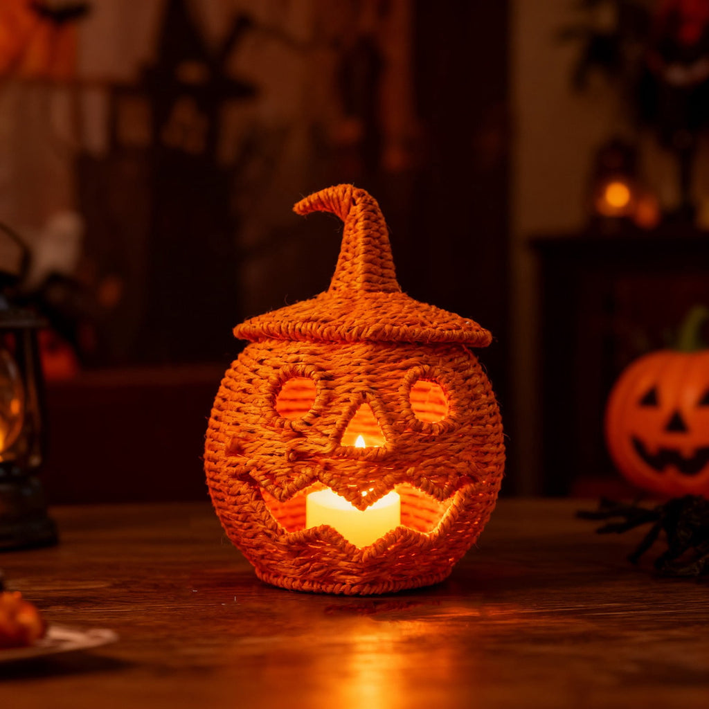Spooksy™ Hand Woven Jack O Lantern Pumpkin Desktop Ornament Spooky Hollow Pumpkin Figurine For Shelf Mantel Tabletop Halloween Gothic Fall Home Decor(Style A-Orange)