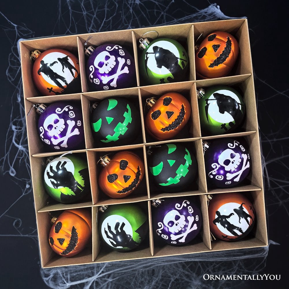 Spooksy™ The Face of Spooky Horror 16 Piece Ornament Shatterproof Bundle Set, Halloween Pumpkin, Zombie, and Goblin