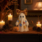 Spooksy™ GIPQJK Summerween Cute Ghost Resin Figure with Bow Tie Holding Pumpkin Statue, Creative Halloween Desktop Shelf Home Decor Ornament A