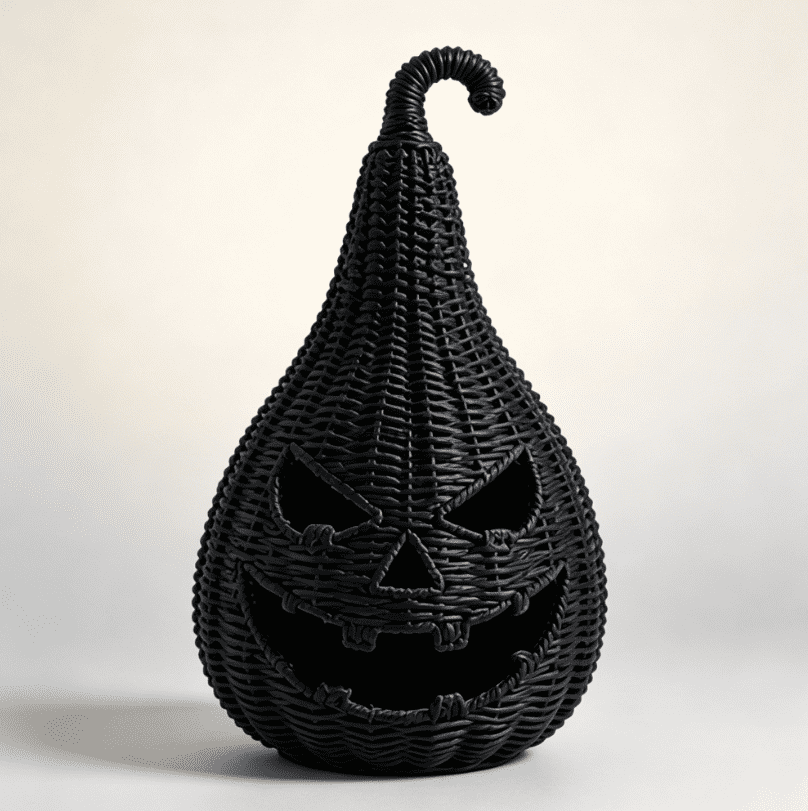 Spooksy™ THOPBPRK 11" Black Handwoven Rattan Teardrop Jack-O'-Lantern Pumpkin Decor, Halloween Tabletop Ornament, Indoor Fall Home Decoration, Pumpkin Ornament for Doorstep Halloween Party