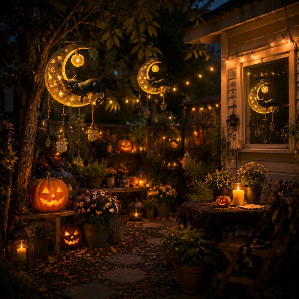 Spooksy™ Homellea Crescent Moon Black Cat Solar Hanging Light, Halloween Resin Ornament with Ghost, Star and Crystal Look Drops for Tree, Porch, Patio, Garden, Balcony and Seasonal Outdoor Display
