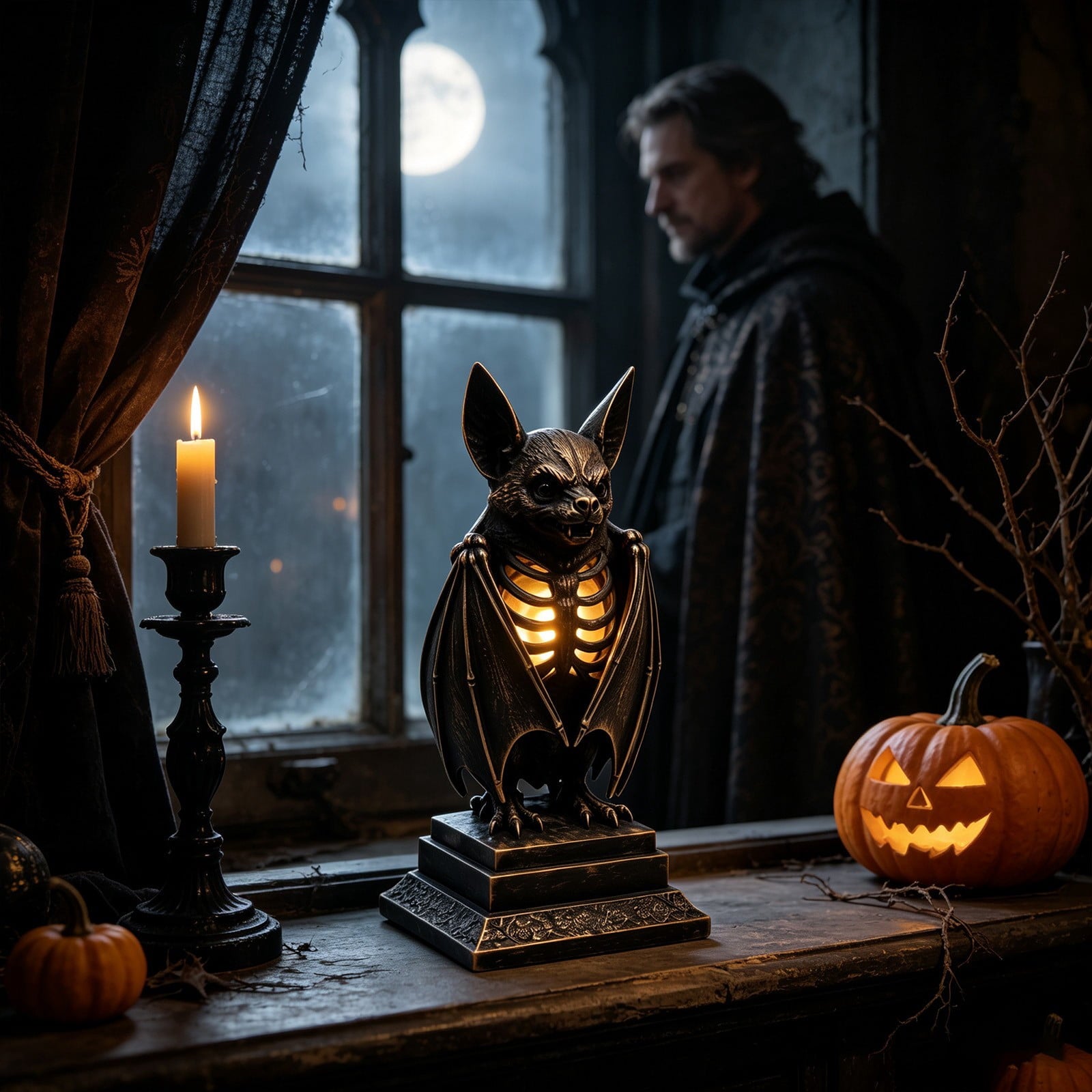 Spooksy™ Gothic Bat Skeleton Ambient Lamp, Resin LED Skull Night Light Vintage Decor, Bedside Accent Gift Haunted House Ornament, Halloween Figurine for Home Display,10.2 Inch