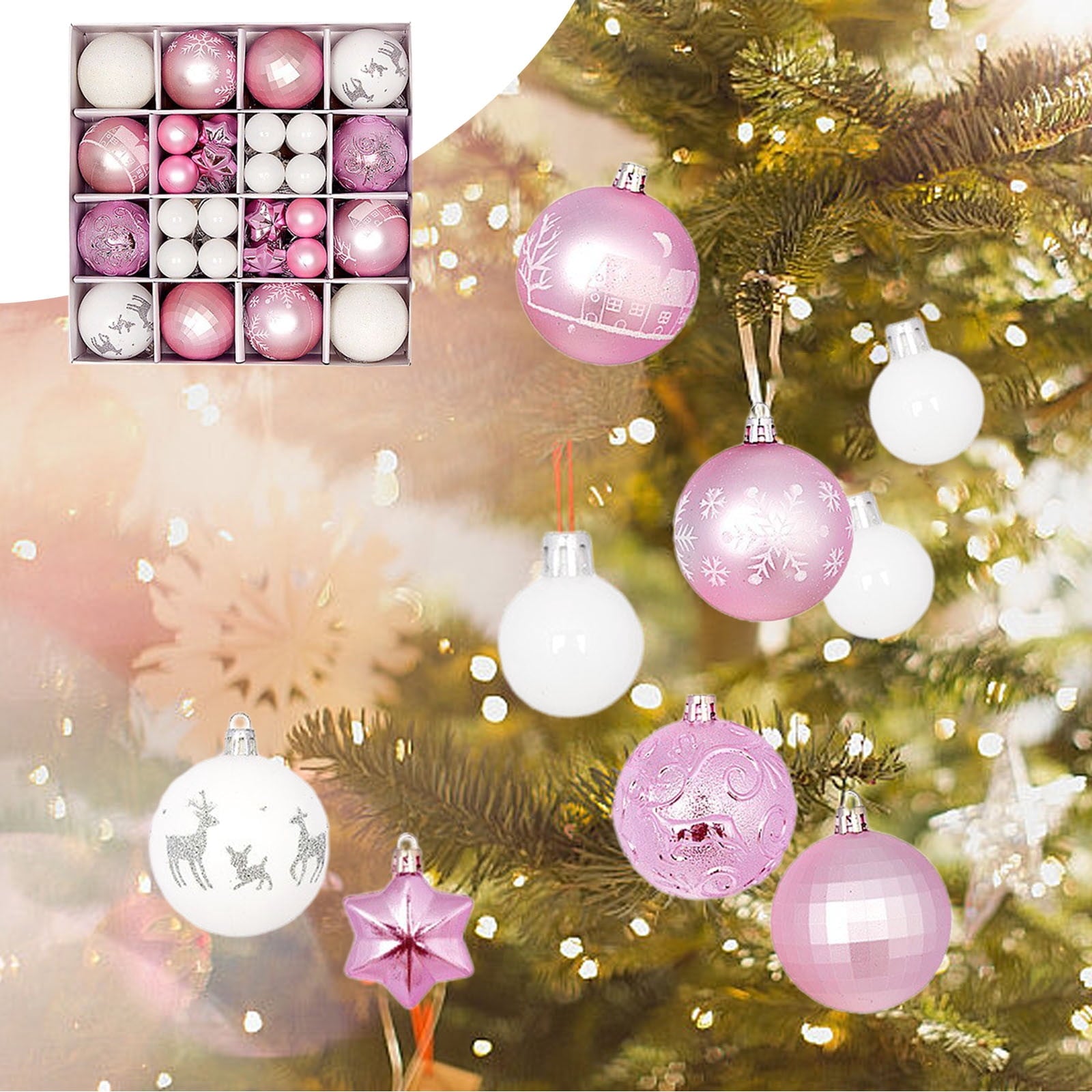 Spooksy™ Pink White Christmas Balls - Christmas Tree Decoration Ornaments Shatterproof Hanging Balls for Birthday Halloween Holiday Wedding Decorations Set of 44 pcs (1.1", 2.3")