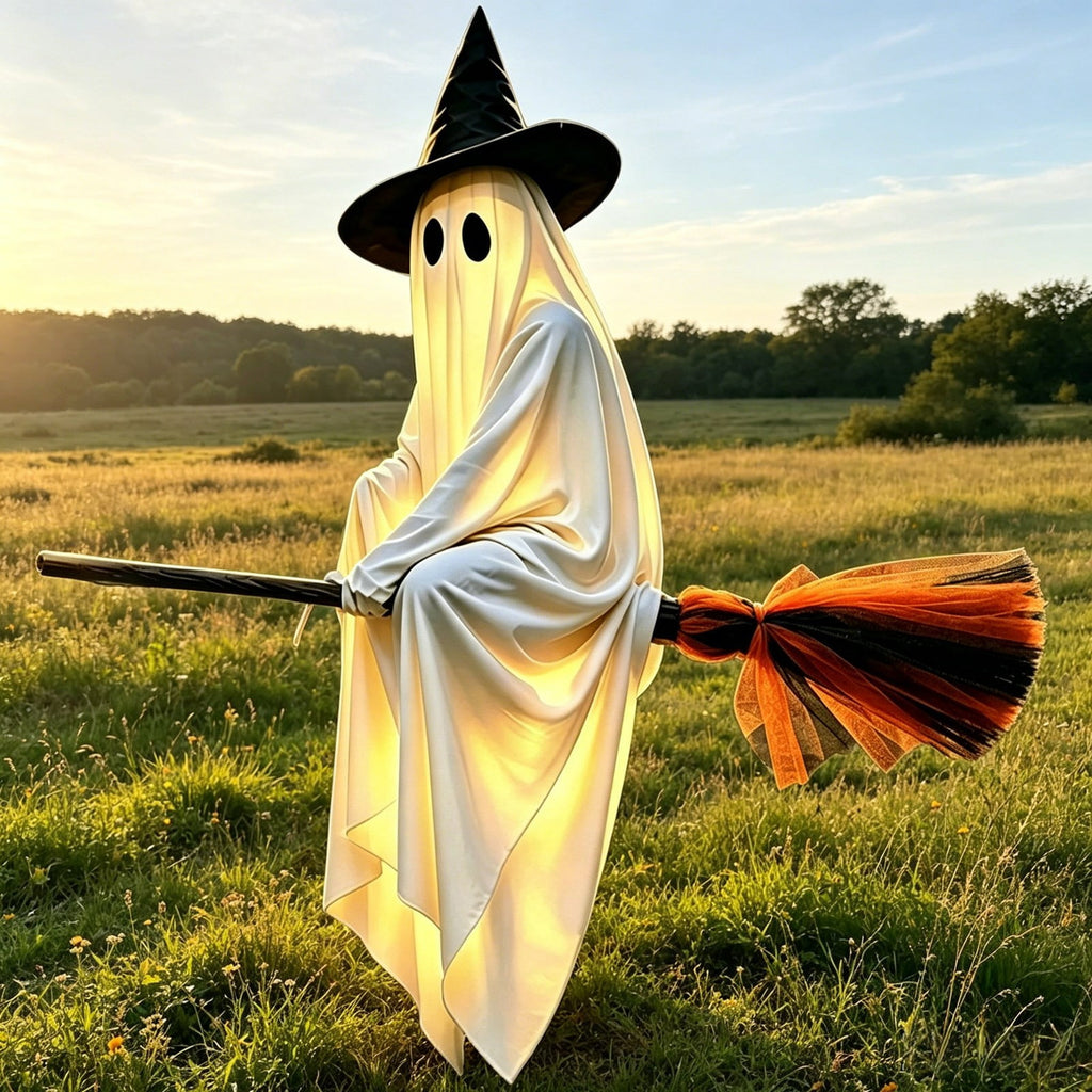 Spooksy™ Halloween Glowing Ornament with Lighted Witch Hat - Flying Hanging Decor for Home Porch Yard, Holiday Scene Prop for Halloween Celebration