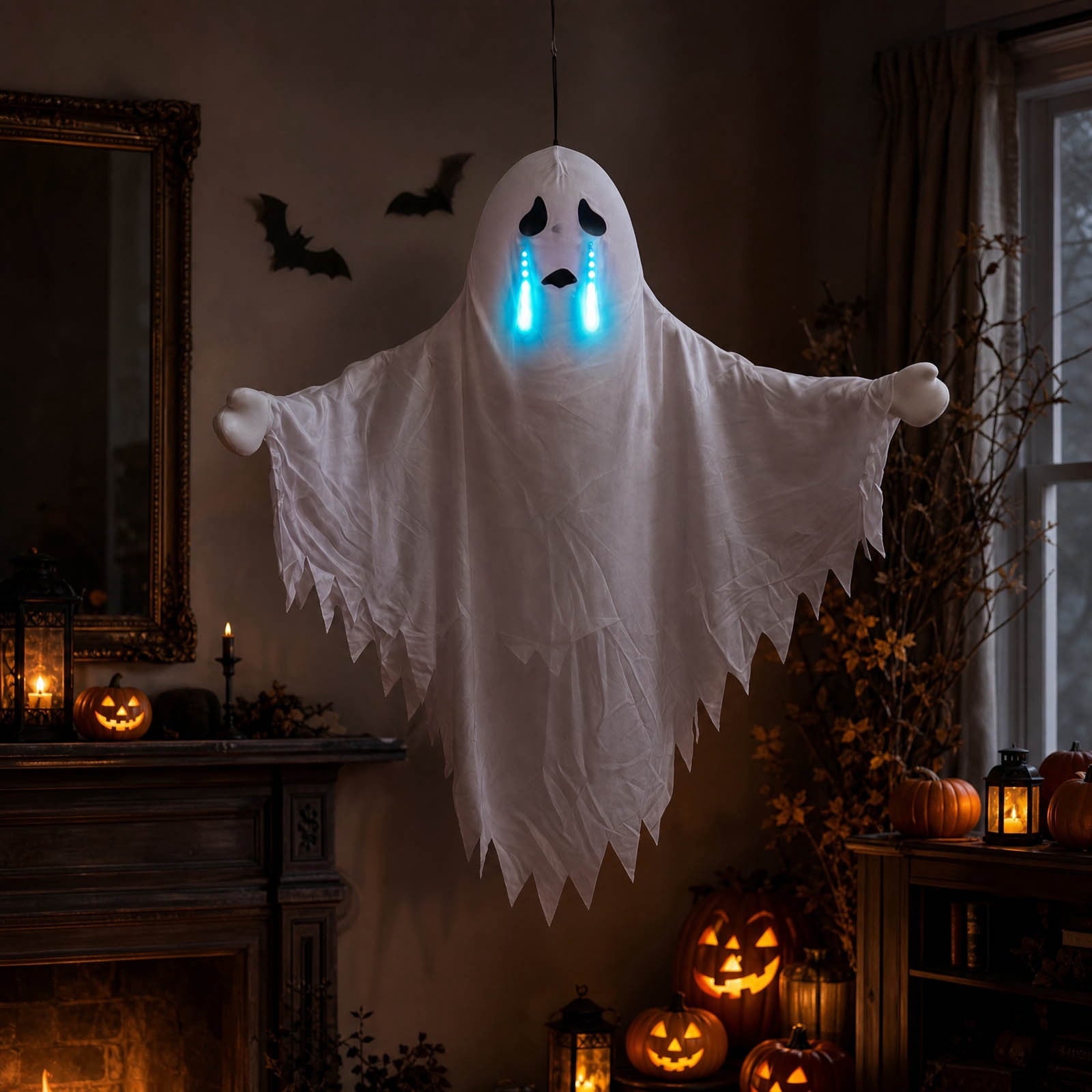 Spooksy™ Roiihwy Halloween Decorations White Ghost Ornament, Voice Activated Talking, Indoor Outdoor Decorative, 43.3x31.5x7.9in Multicolor