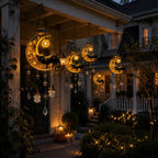 Spooksy™ Homellea Crescent Moon Black Cat Solar Hanging Light, Halloween Resin Ornament with Ghost, Star and Crystal Look Drops for Tree, Porch, Patio, Garden, Balcony and Seasonal Outdoor Display