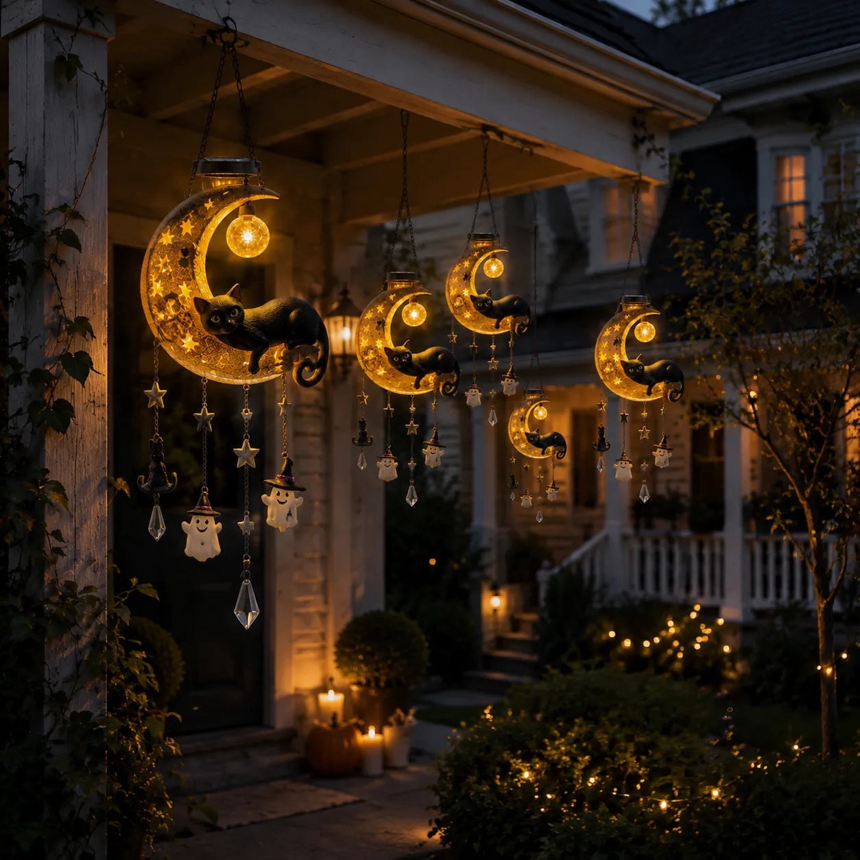 Spooksy™ Homellea Crescent Moon Black Cat Solar Hanging Light, Halloween Resin Ornament with Ghost, Star and Crystal Look Drops for Tree, Porch, Patio, Garden, Balcony and Seasonal Outdoor Display