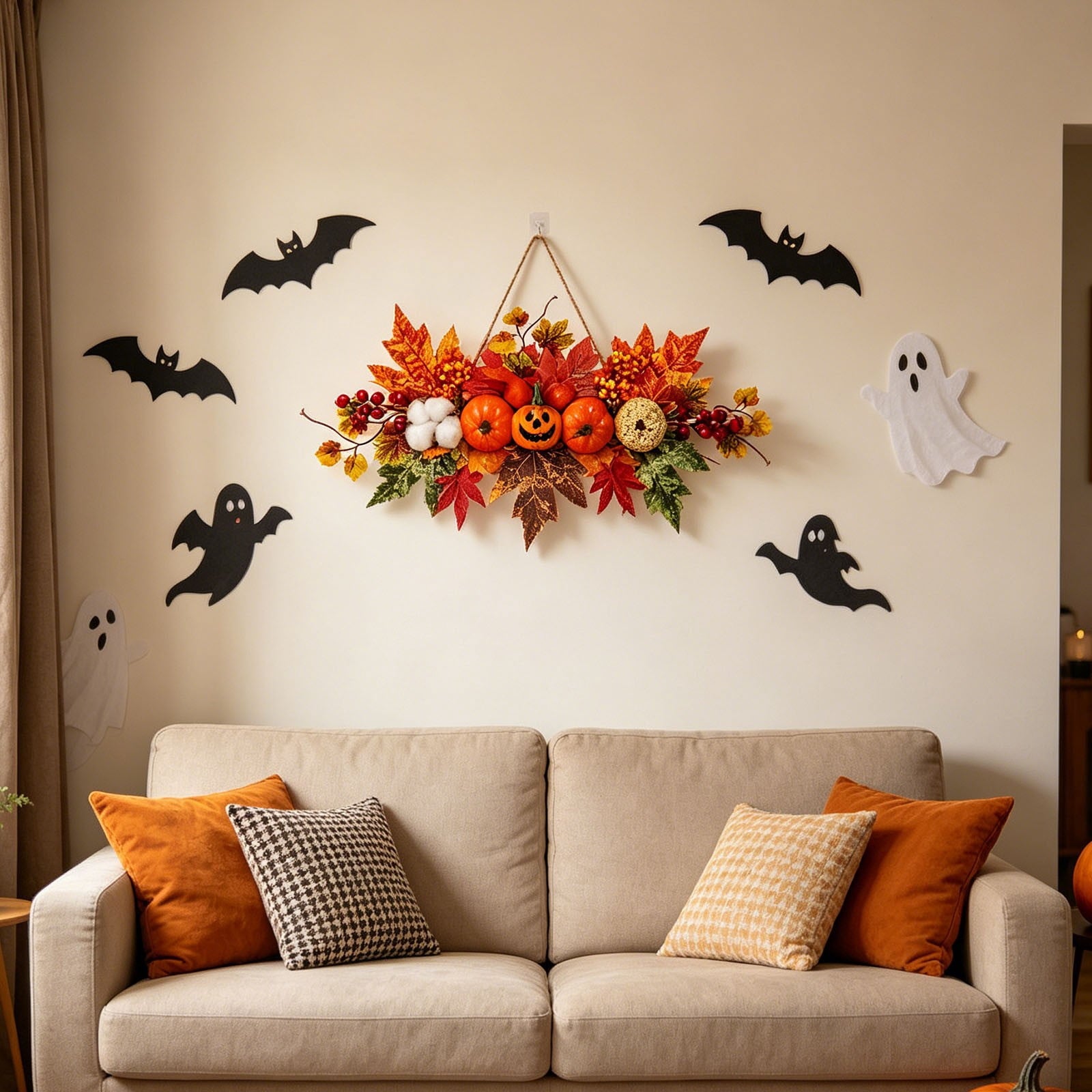 Spooksy™ Gaecuw Halloween Hanging Ornament, Maple Leaf Pumpkin Wall Decor with Rope for Front Door Fall Display