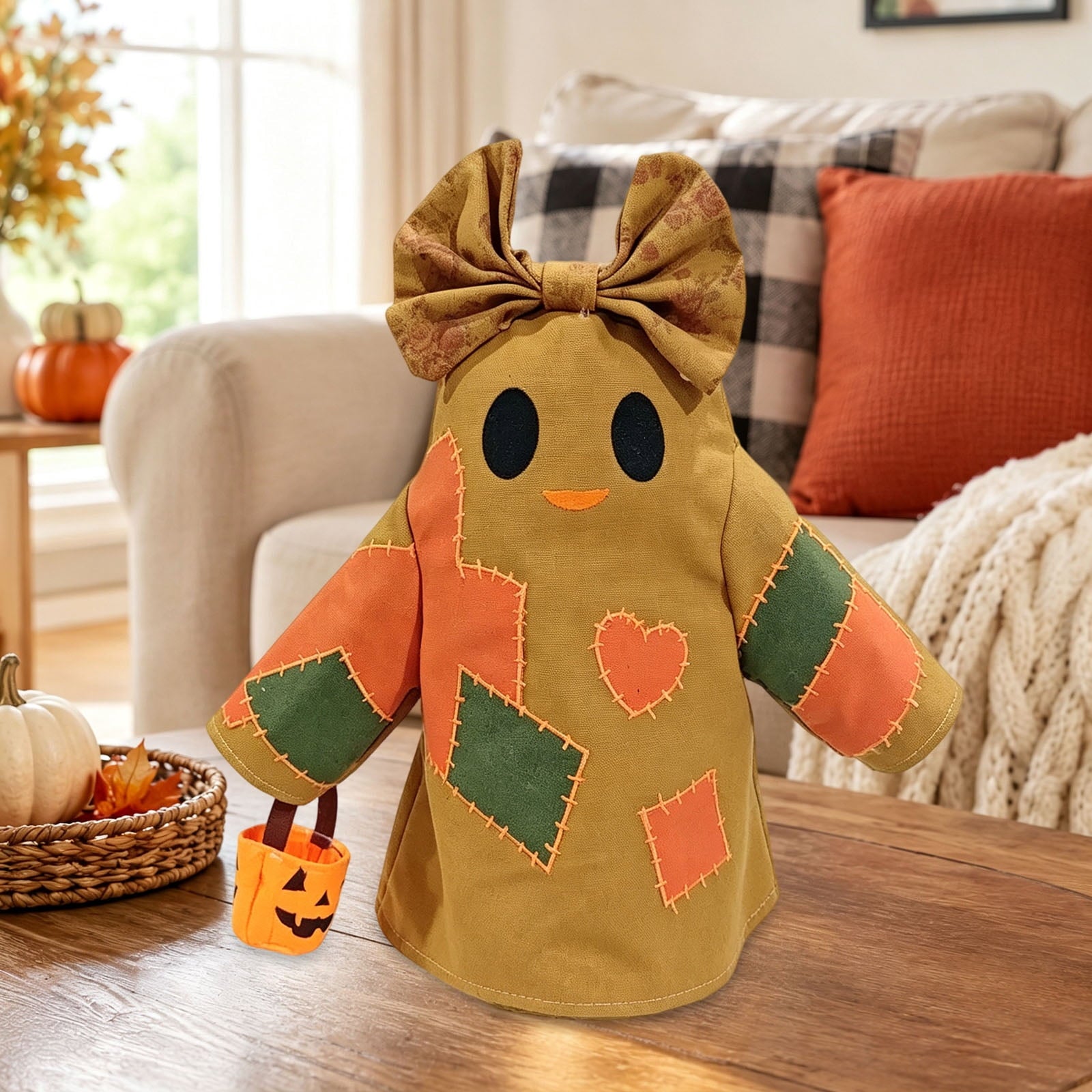 Spooksy™ Halloween Vintage Patchwork Ghost Doll, Linen Fabric Bow Ghost Ornament With Mini Pumpkin Bucket, Farmhouse Tabletop Hanging Holiday Decor