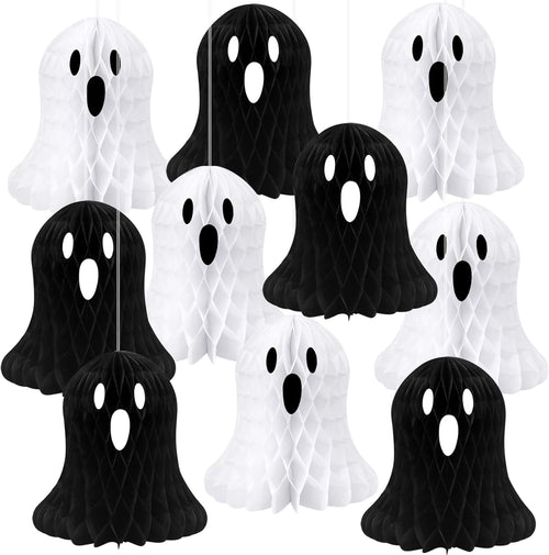 Spooksy™ 10 PCS Halloween Ornaments Hanging Cute White Black Ghost Honeycomb Decoration Halloween Tree Decorations Paper Ghost Table Decor for Home Office Classroom Holiday Party Supplies