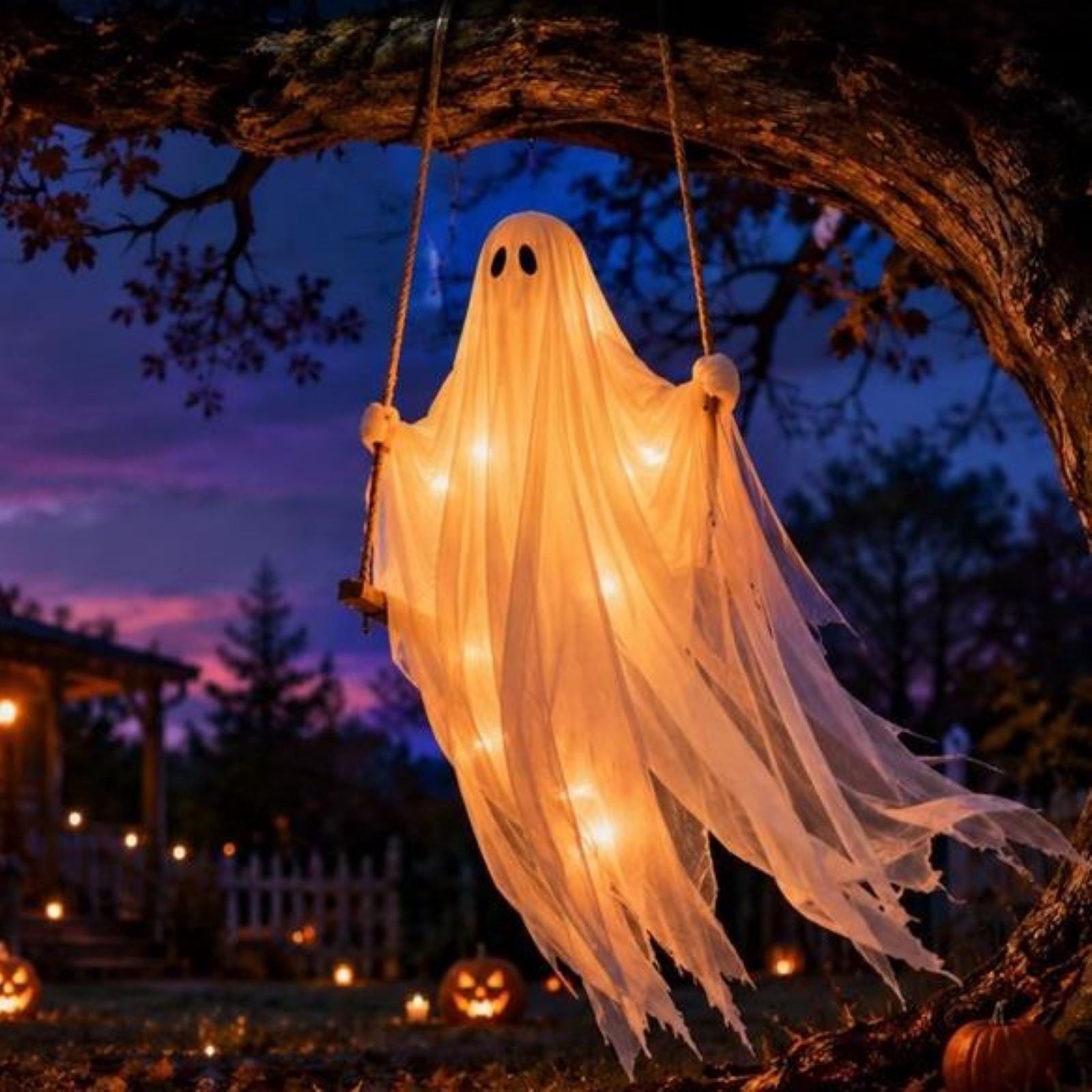 Spooksy™ Gaecuw 59 Inch Halloween Hanging Swing Ghost Decoration, Light-Up Gauze Ghost Ornament for Tree Yard Porch Outdoor Decor, As Shown