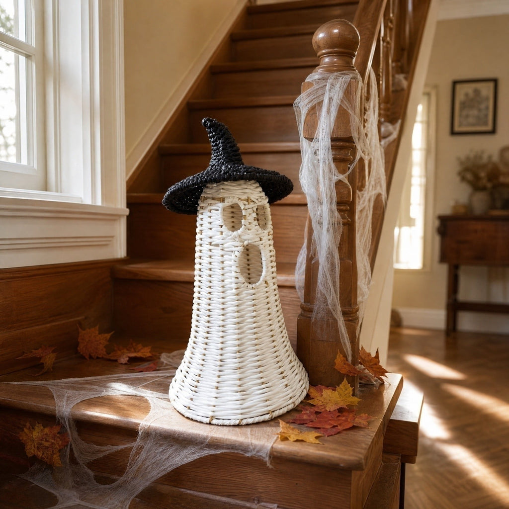 Spooksy™ White Ghost with Witch Hat, Ghost Ornaments Holiday Home Decor Halloween Tabletop Cute Ghost Figurines for Party Mantel Shelf Display Festive Celebrations