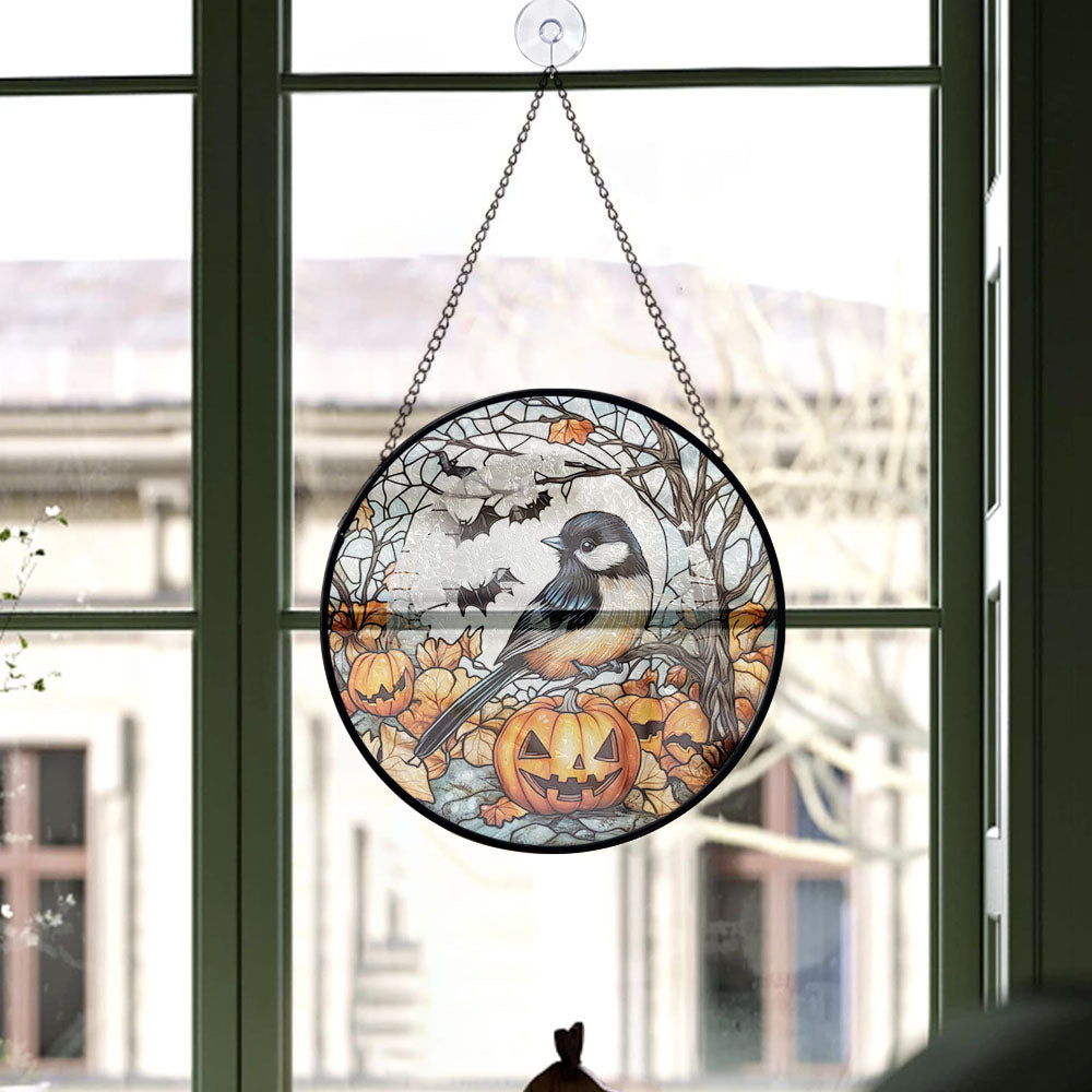 Spooksy™ Christmas Gift - Halloween Chickadee Christmas Stained Glass Hanging Ornament - Glossy Round Holiday Tree Decoration, Xmas Gift for Dad, Mom, Family & Friends, Keepsake 2025