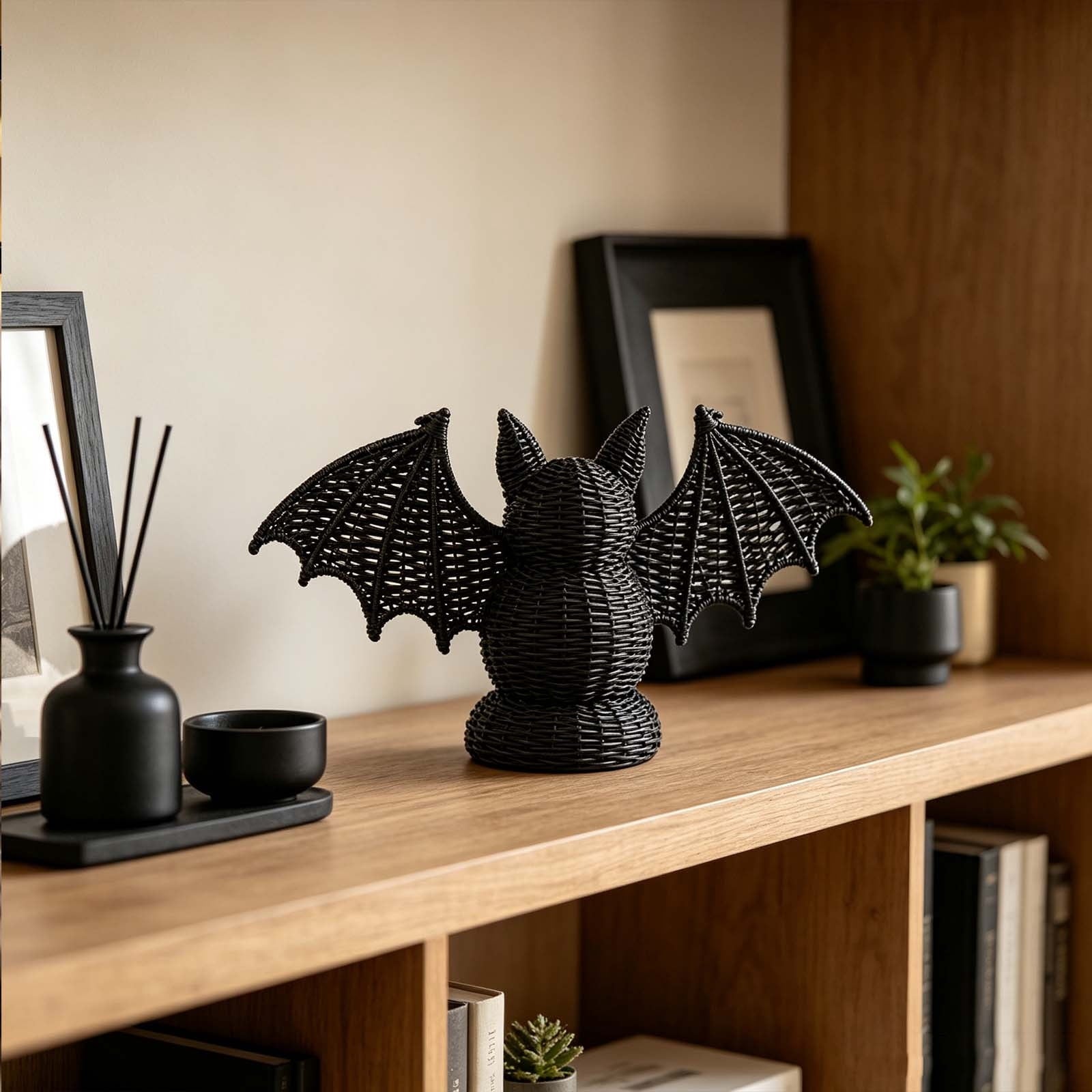 Spooksy™ SHJHENG Woven Bat Figurine â?? Black Rattan Style Halloween Decoration, Spooky Desktop Ornament for Home, Mantel, and Party Display, 7.09 Inch Tall