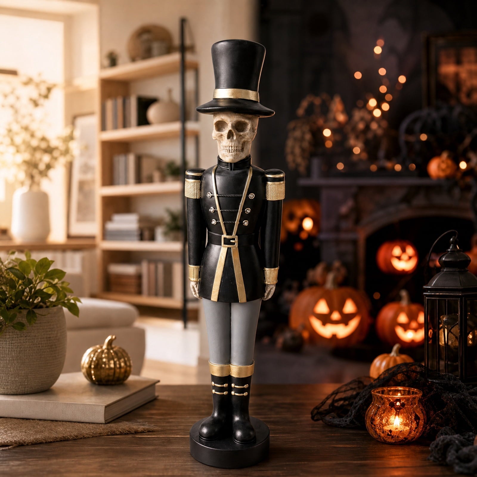 Spooksy™ 14" Resin Skeleton Nutcracker Figurine, Halloween Soldier Statue, Hand Painted Black Gold Nutcracker Ornament for Holiday Tabletop Decoration