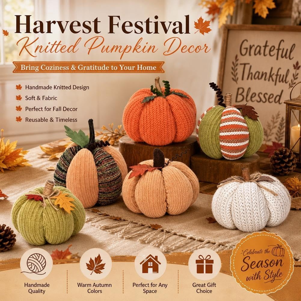 Spooksy™ Knitted Pumpkin Decor, Fall Harvest Crochet Pumpkins, Cute Knit Pumpkin Ornaments for Halloween Thanksgiving Home Decor, Fall Room Mantel Table Decoration (RL)