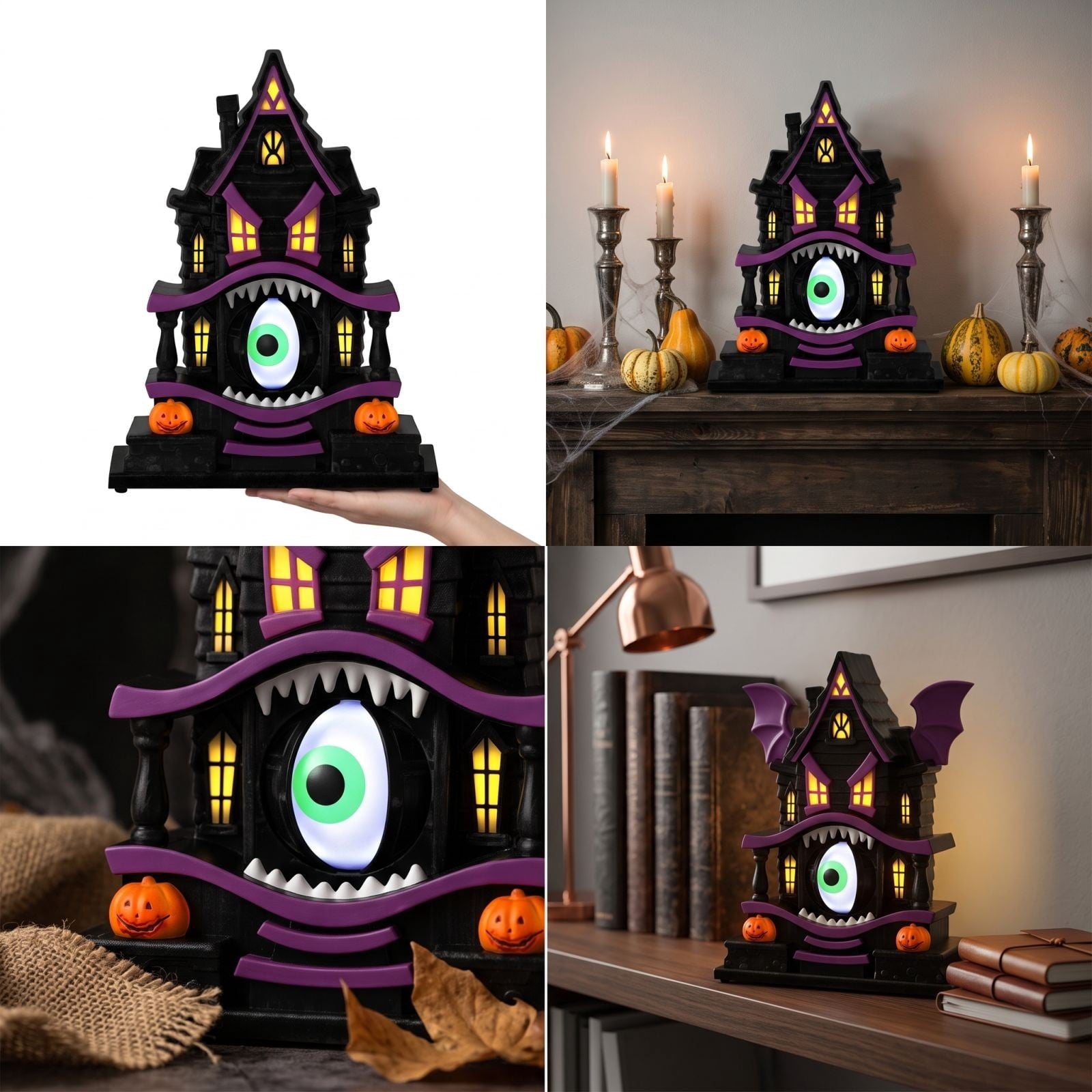 Spooksy™ Light Up Gothic Monster House Figurine, Built In Warm Internal Illumination Castle Decor, Anti Toppling Detailed Sculpted Desktop Ornament for Household Indoor Halloween Party Display