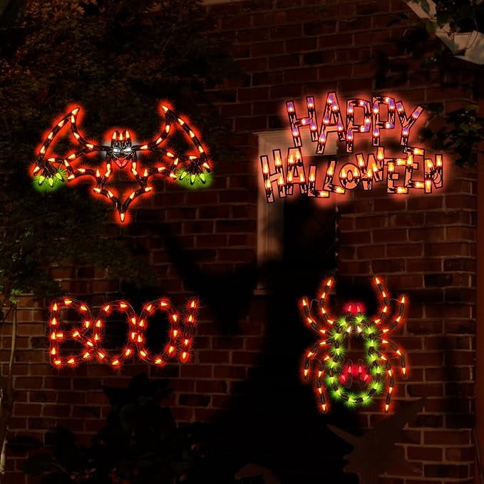 Spooksy™ 4-Pack Halloween Lighted Window Silhouette Lights, LED Hanging Ornaments with Cobweb, Pumpkin, Cat and Skull Designs