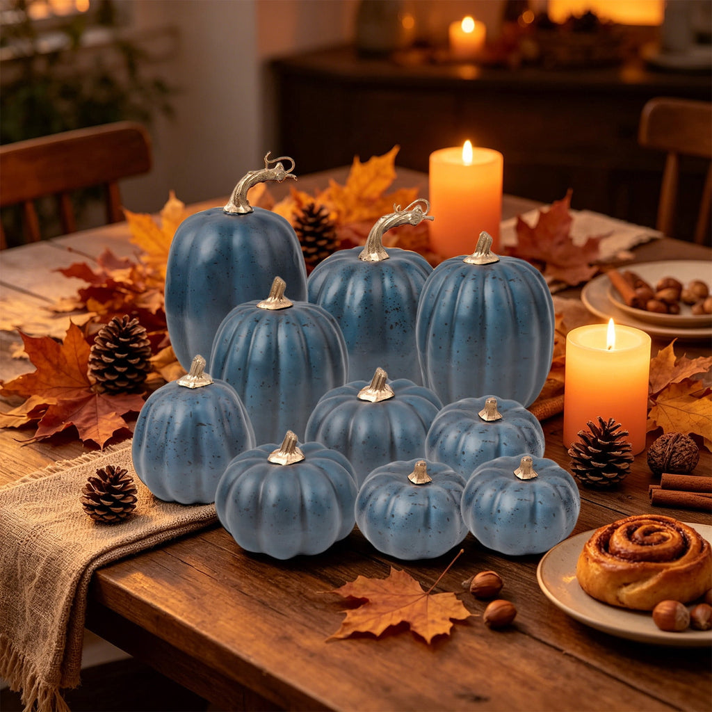 Spooksy™ Blue Artificial Pumpkins Decor Foam Pumpkin Ornament Fall Harvest Thanksgiving Halloween Mantel Tiered Tray Table Centerpiece Home Decoration Speckled Rustic Display Accent