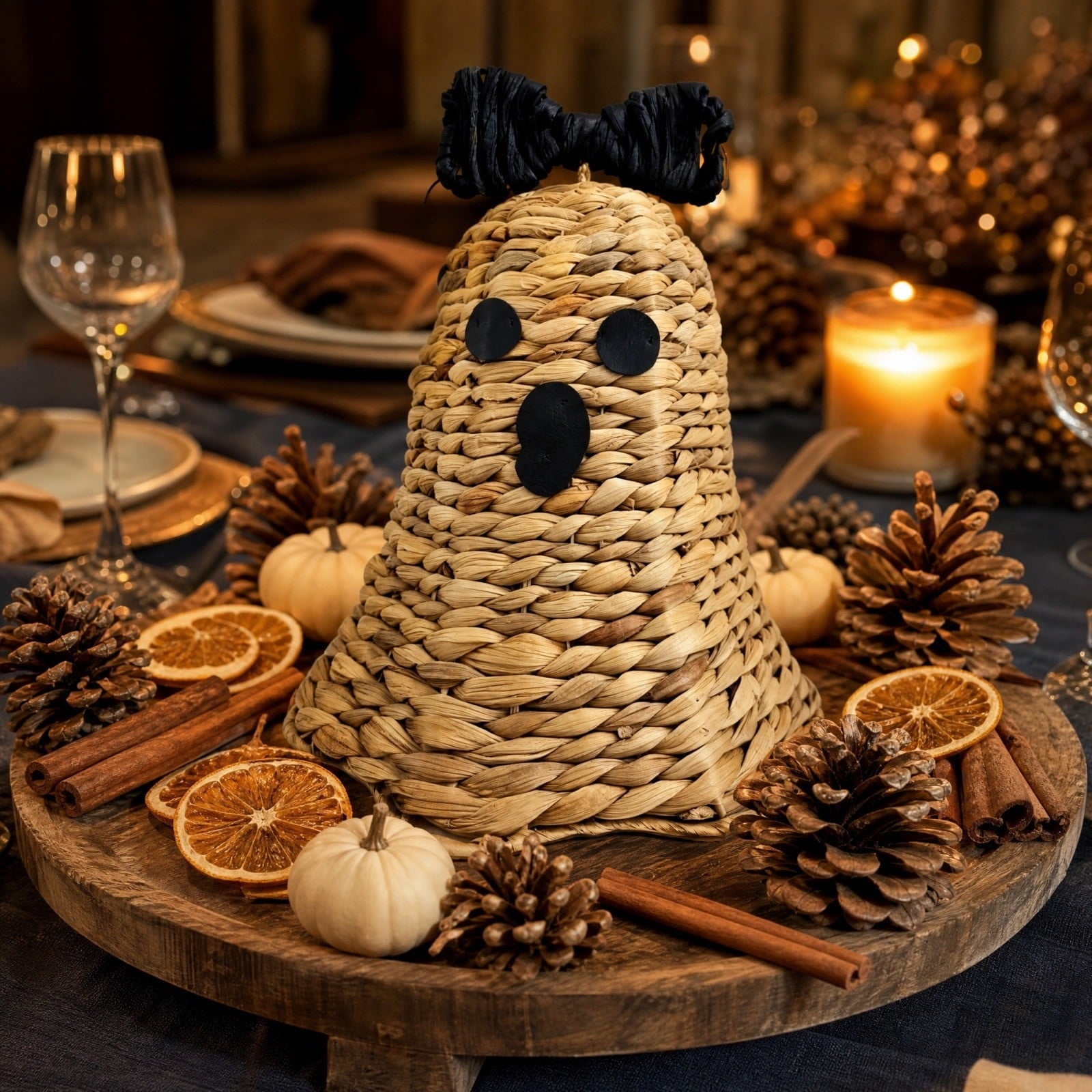Spooksy™ Halloween Woven Ghost Figurine Water Hyacinth Straw Ornament Black Bow Tabletop Decor Cute Spooky Holiday Decoration For Mantel Shelf Home Cottage Fall Gift