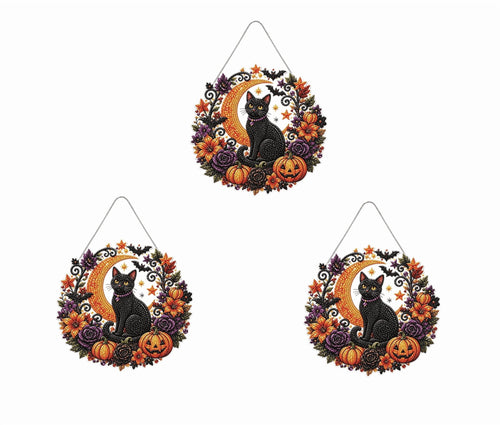 Spooksy™ 3Pcs Halloween Black Cat Moon Diamond Art Hanging Ornament Kitï¼?9.84 inch Halloween Diamond Art, Suspended Ghost Feline, Pumpkin Autumn Crafts, Double Sided Prerendered Shading Pendant