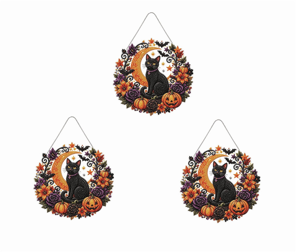 Spooksy™ 3Pcs Seasonal Fall & Halloween Diamond Art Kit,9.84 inch Halloween Cat Pumpkin Hanging Decor, Diamond Art Painting Hanging Ornament, Halloween Decorations for Home