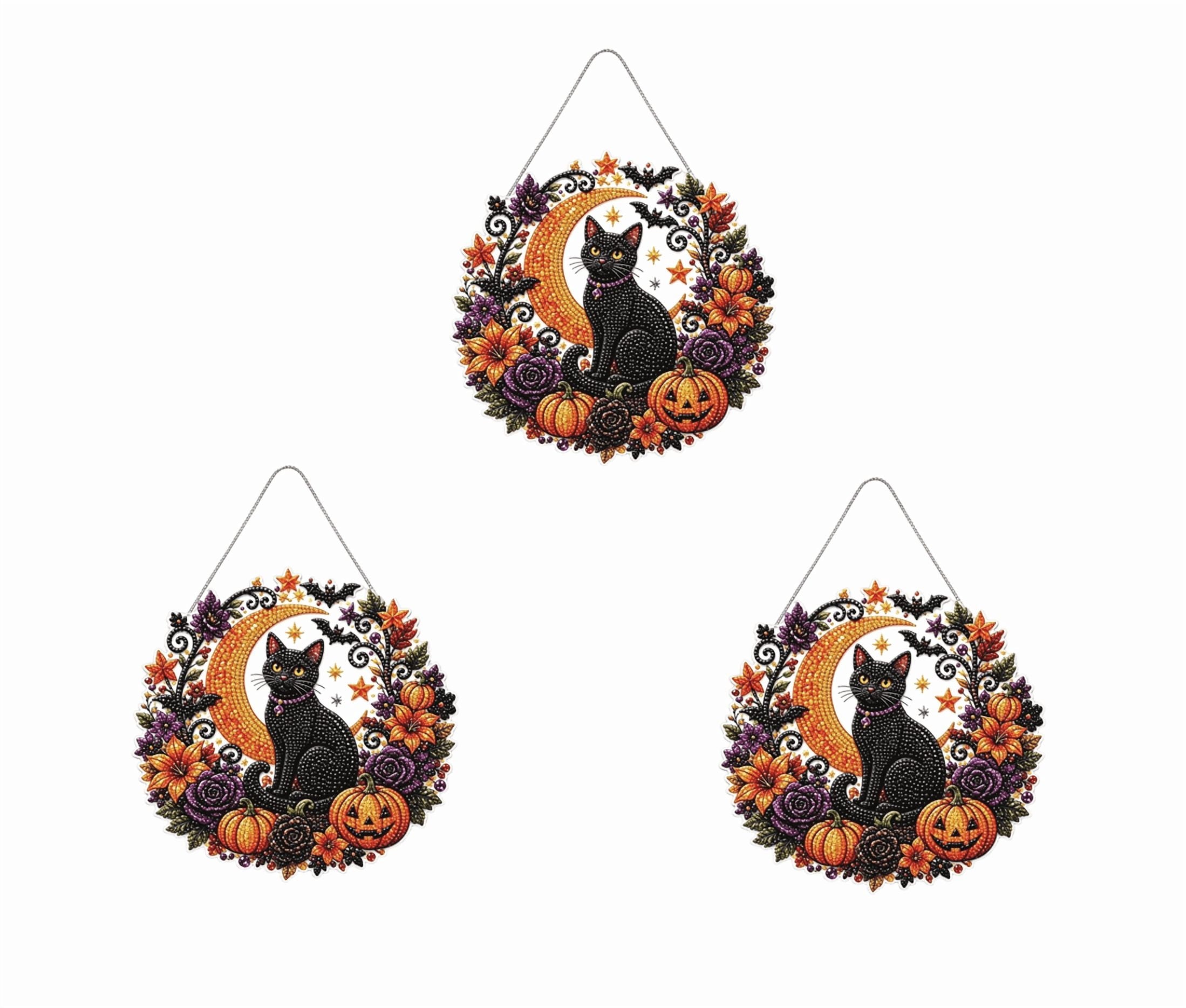 Spooksy™ 3Pcs Seasonal Fall & Halloween Diamond Art Kit,9.84 inch Halloween Cat Pumpkin Hanging Decor, Diamond Art Painting Hanging Ornament, Halloween Decorations for Home