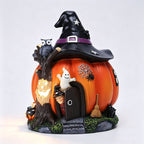 Spooksy™ Luminous Resin Witch Pumpkin House Figurine, Intricate Details Stable Resin Warm Built In Lighting, Festive Desktop Ornament, Craft for Living Room Porch Halloween Party Space