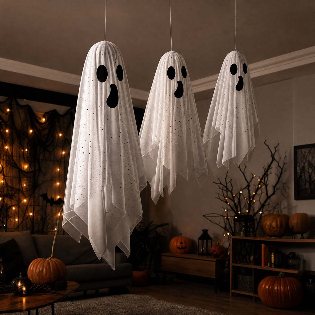 Spooksy™ OCCOA 3 Pack Hanging Ghost Decorations White Glitter Cloth Ghost Ornaments with Surprised Face for Halloween Indoor Outdoor Party Porch, White
