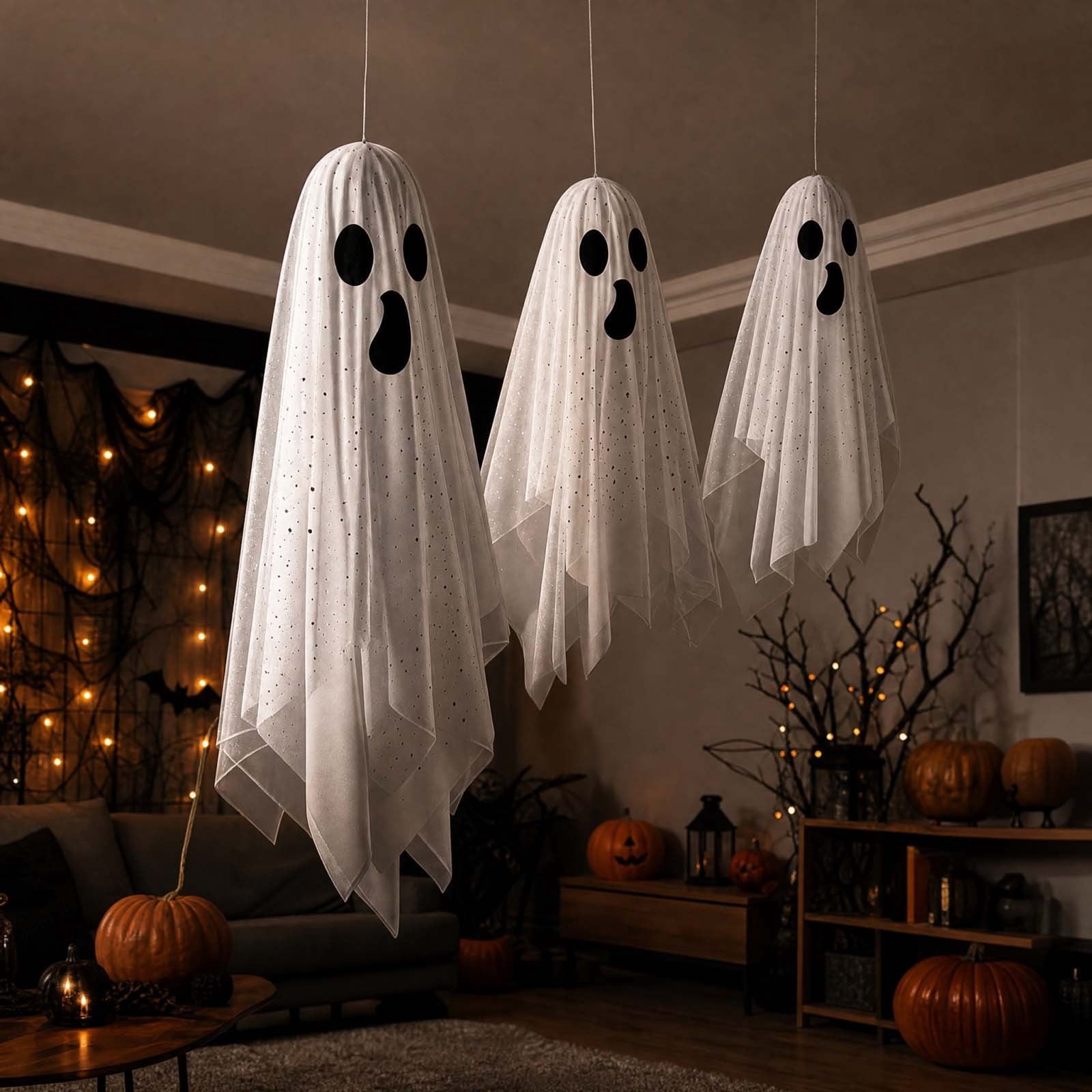 Spooksy™ OCCOA 3 Pack Hanging Ghost Decorations White Glitter Cloth Ghost Ornaments with Surprised Face for Halloween Indoor Outdoor Party Porch, White