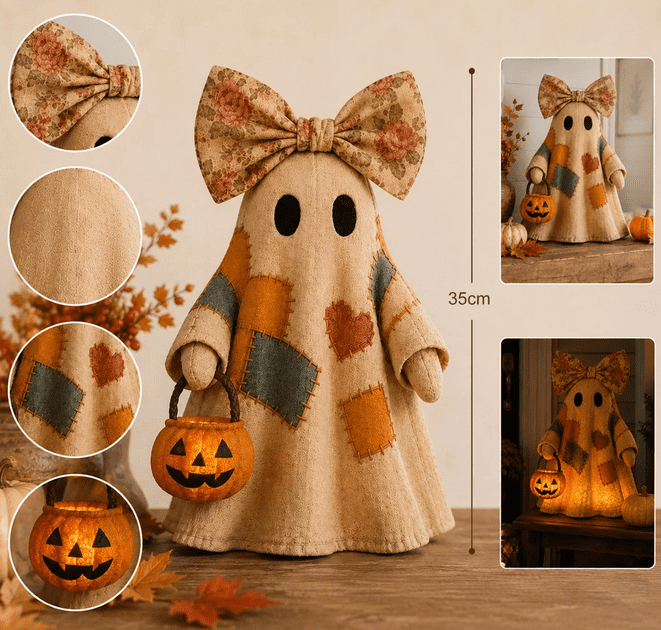 Spooksy™ 1PCS 13.78 inch Lighted Vintage Patchwork Ghost, Portable LED Glowing Ghost, Cute Halloween Ornament with Patchwork Design for Home Party