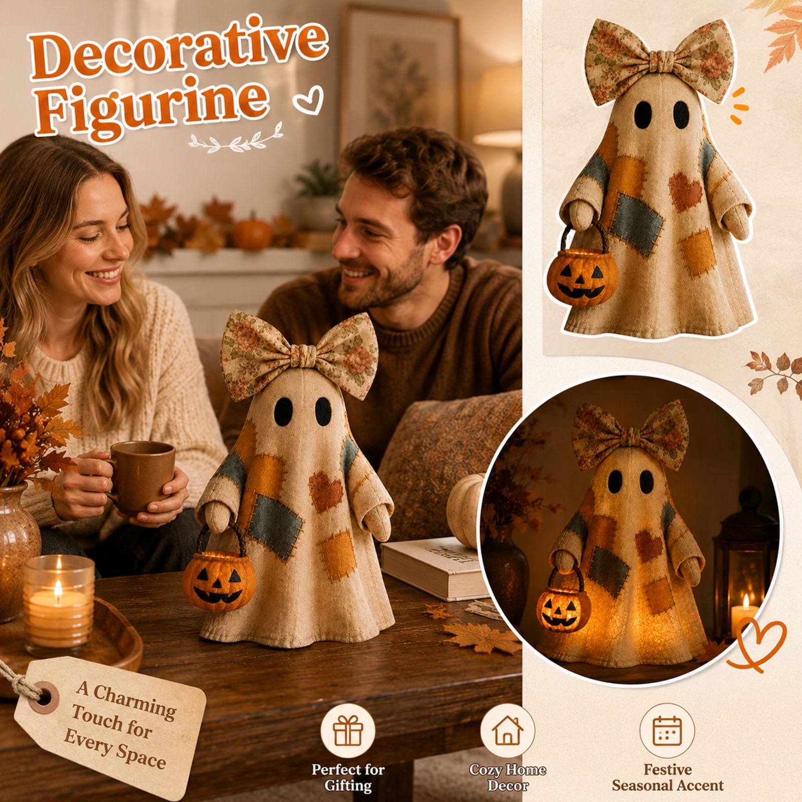 Spooksy™ 1PCS 13.78 inch Lighted Vintage Patchwork Ghost, Retro Quilted Light Up Figurine, Farmhouse Style Halloween Ornament for Seasonal Home Display