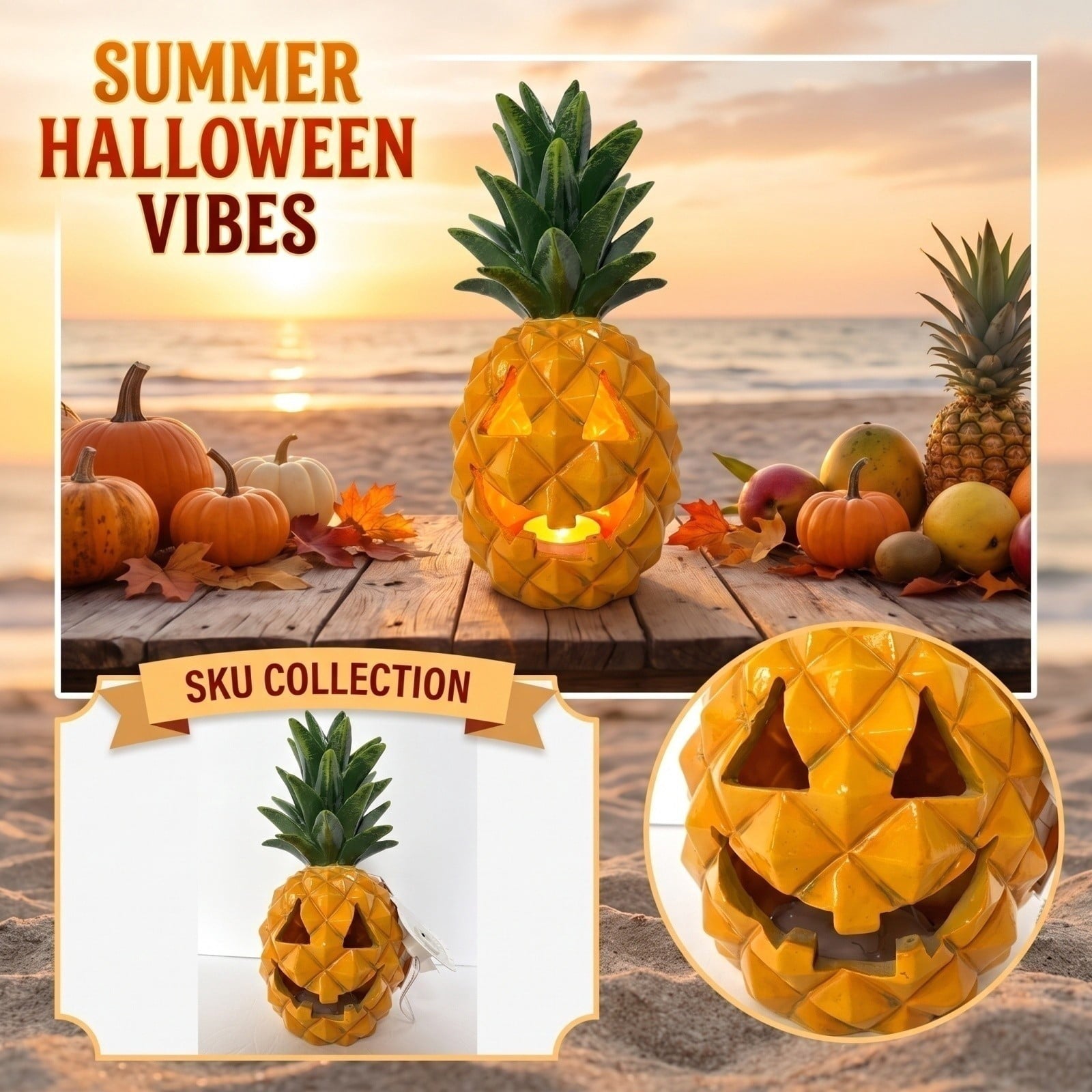 Spooksy™ Halloween Decor Figurine, Pineapple Pumpkin Ornament with Bright Colors, Summer Party Table Centerpiece and Holiday Home Accent