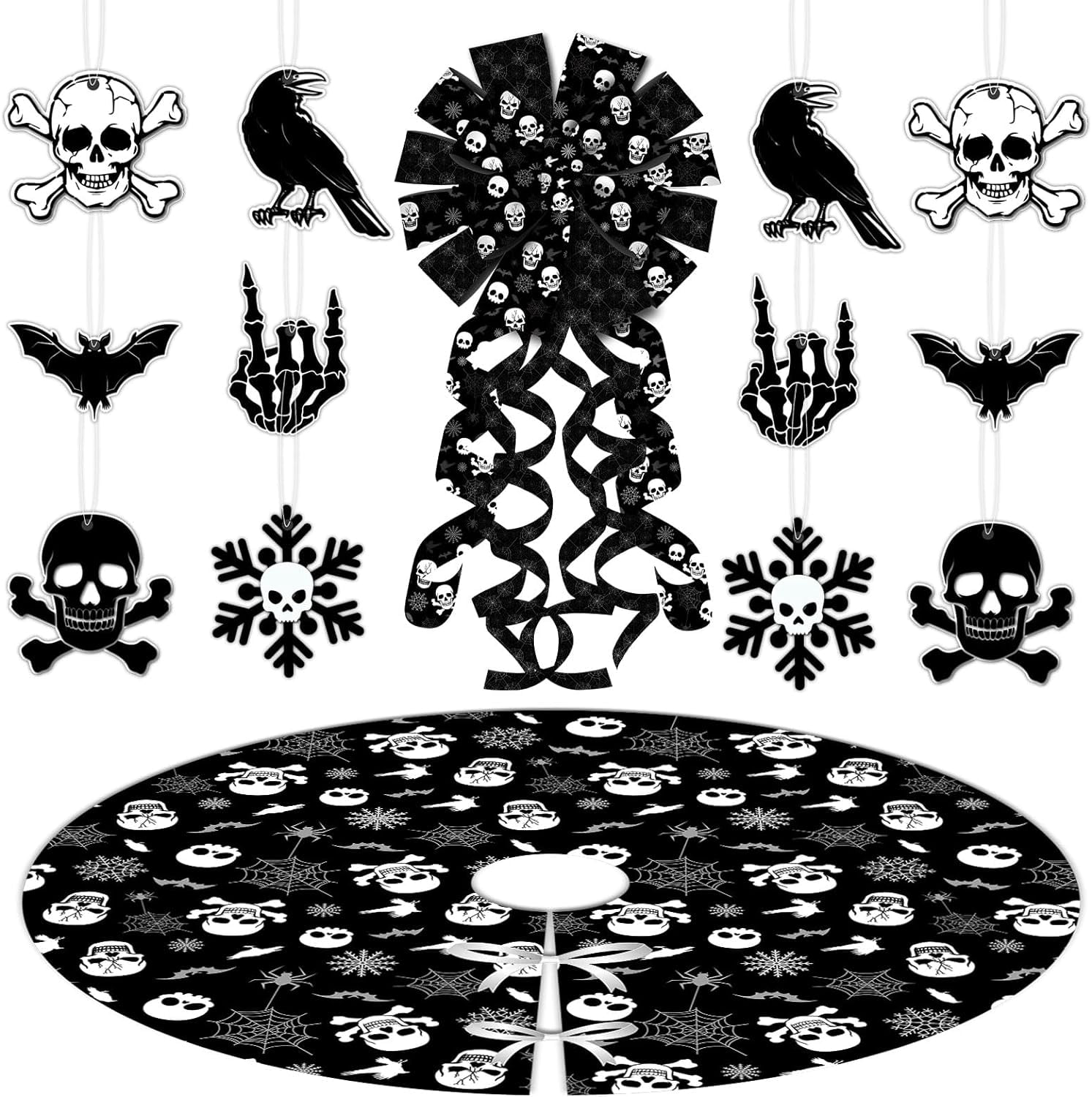 Spooksy™ Black Gothic Christmas Tree Decorations with Scary Skull Christmas Tree Skirt, Large Decorative Tree Topper Bow, 12Pcs Tree Hanging Ornaments for Winter Halloween Xmas Tree Decor