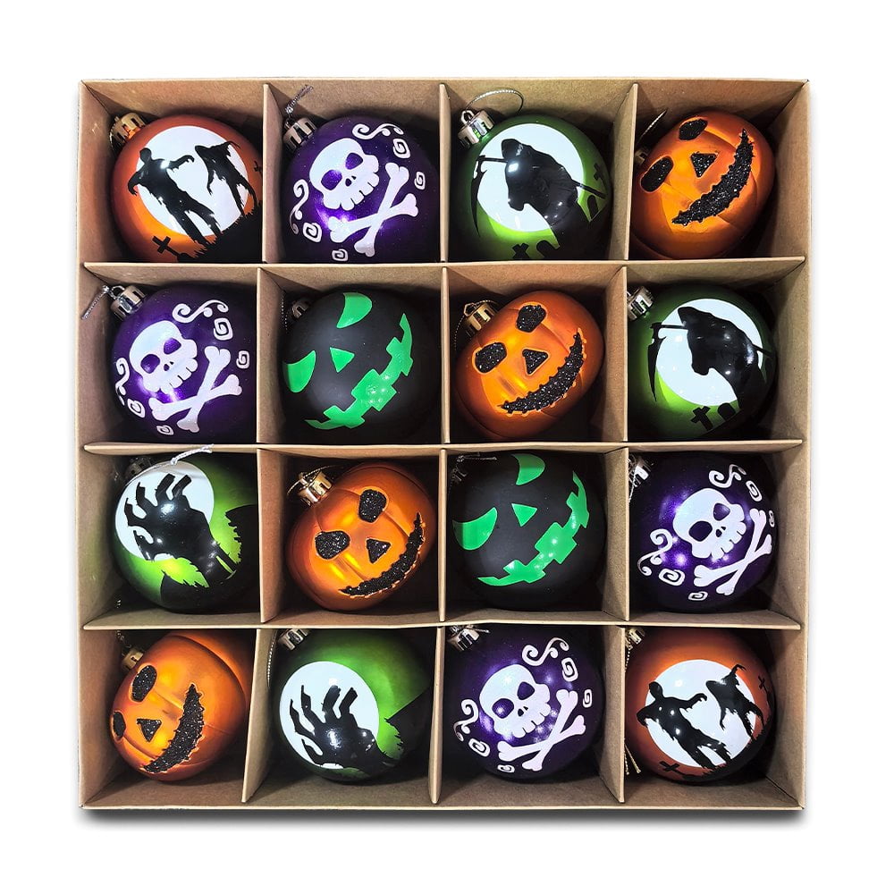Spooksy™ The Face of Spooky Horror 16 Piece Ornament Shatterproof Bundle Set, Halloween Pumpkin, Zombie, and Goblin