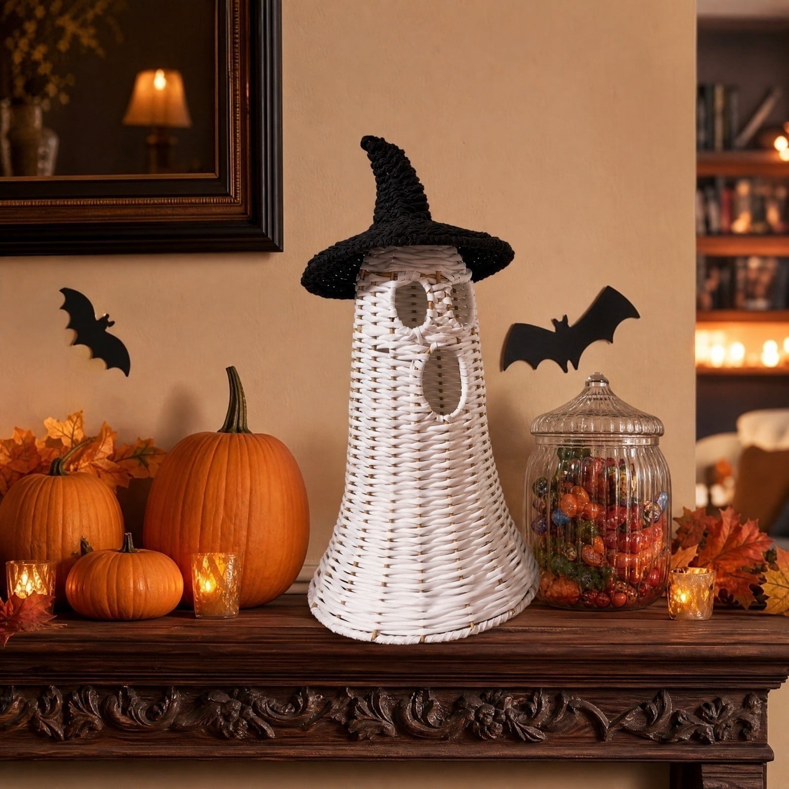Spooksy™ White Ghost with Witch Hat, Ghost Ornaments Holiday Home Decor Halloween Tabletop Cute Ghost Figurines for Party Mantel Shelf Display Festive Celebrations
