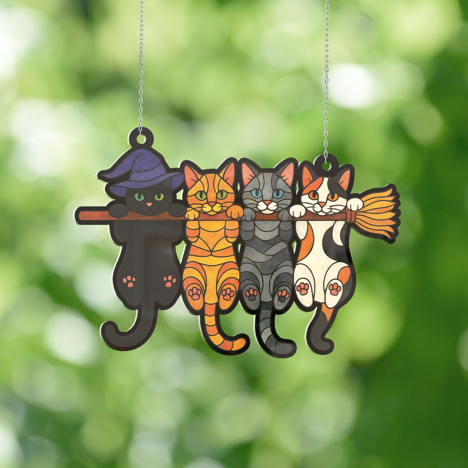 Spooksy™ Lotusprinthandmade Halloween Cat Witch Hat Broom Custom Shape Window Hanging Acrylic Ornament With Acrylic Charm