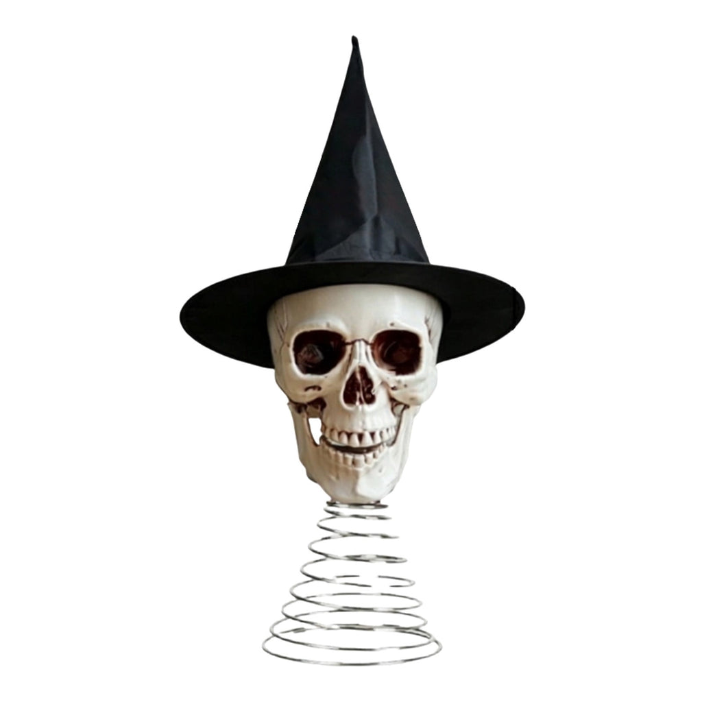 Spooksy™ 2 PCS Halloween Skull Ghost Miniature Tree Topper 9.84x 14.96 Inch, Spooky Skeleton Head with Witch Hat Ornament, Mini Christmas Tree Decor for Home Halloween Party DIY, Garden Lawn Party Decoration