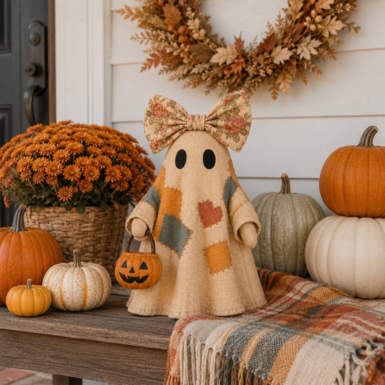 Spooksy™ 2PCS Lighted Vintage Patchwork Ghost, 13.8" Portable Glowing Ghost Design Birthday Gifts with Pumpkin Buckets, Halloween Indoor Room Decor, Floral Bow Halloween Theme Ornaments for Students