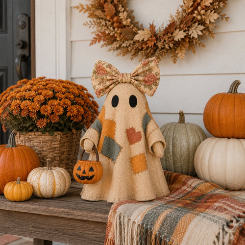 Spooksy™ 2PCS Lighted Vintage Patchwork Ghost, 13.8" Portable Glowing Ghost Design Birthday Gifts with Pumpkin Buckets, Halloween Indoor Room Decor, Floral Bow Halloween Theme Ornaments for Students