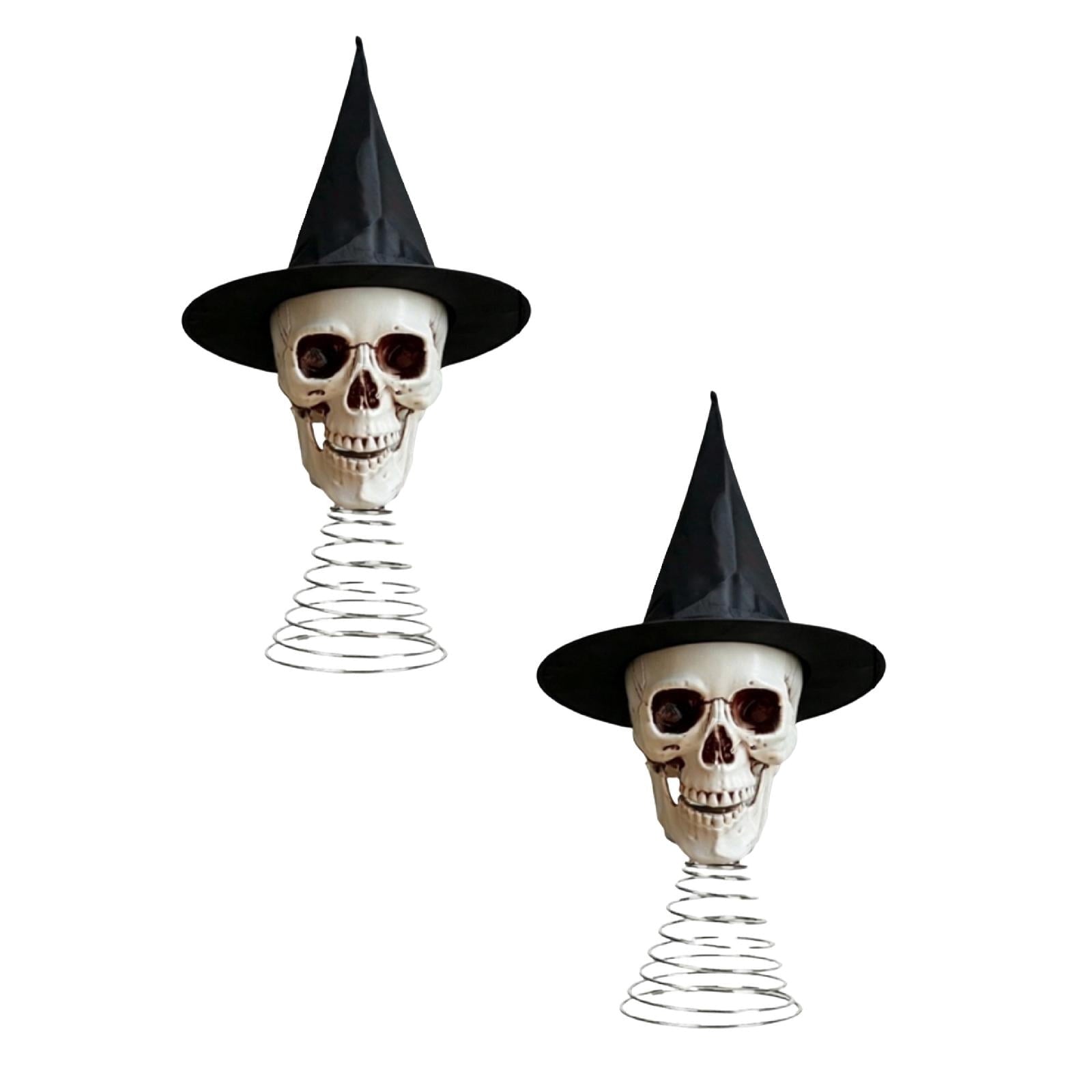 Spooksy™ 2 PCS Halloween Skull Ghost Miniature Tree Topper 9.84x 14.96 Inch, Spooky Skeleton Head with Witch Hat Ornament, Mini Christmas Tree Decor for Home Halloween Party DIY, Garden Lawn Party Decoration