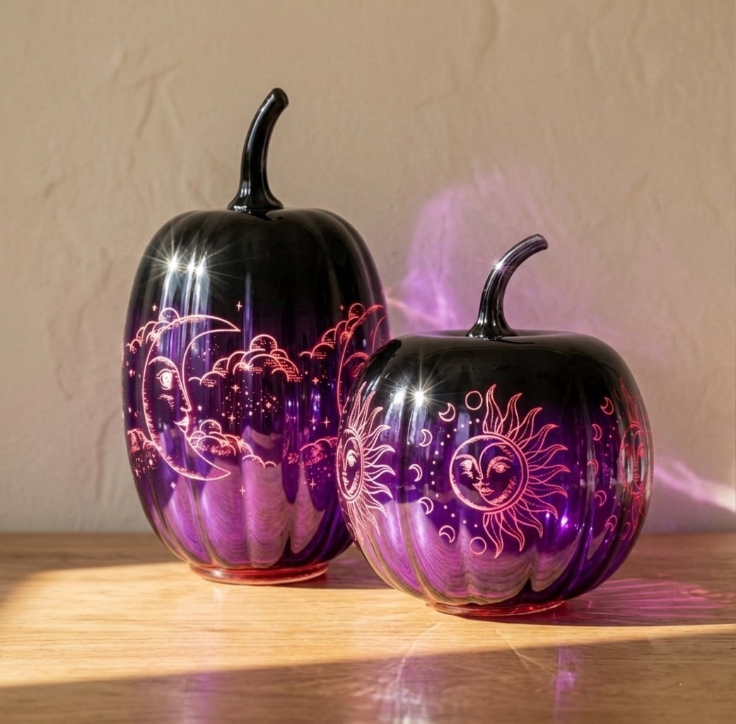 Spooksy™ 2pcs Fall Halloween Pumpkin-Purple Glass Pumpkin Ornament with Enchanted Moon & Star Pattern and Built - in Fairy Lights for Decor