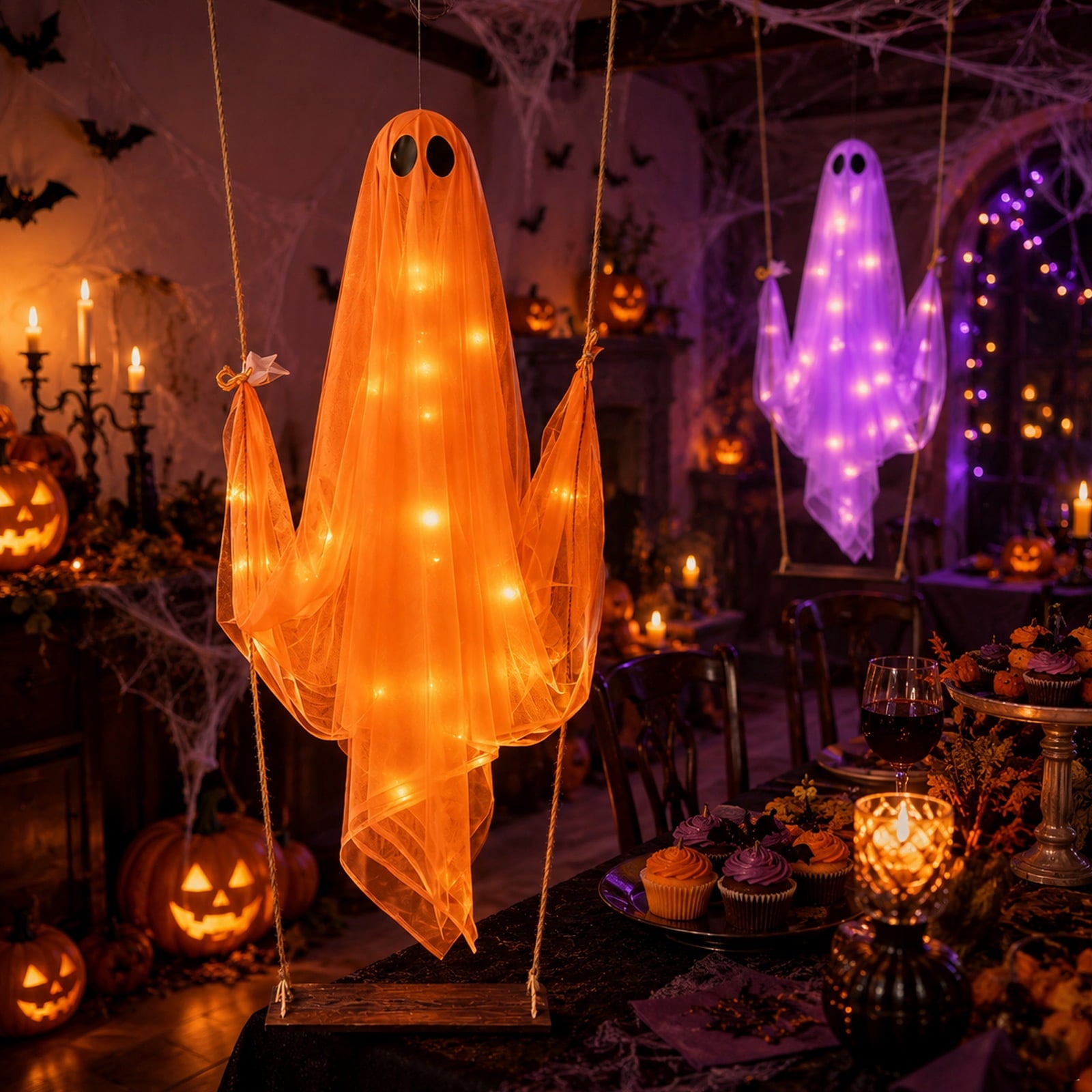 Spooksy™ Halloween Decorations Outdoor, Large Multicolor Swing Hanging Ghost Ornament Set of 3, Spooky Wind Sway Silhouette Decor for Yard Tree Porch Halloween Festival Party