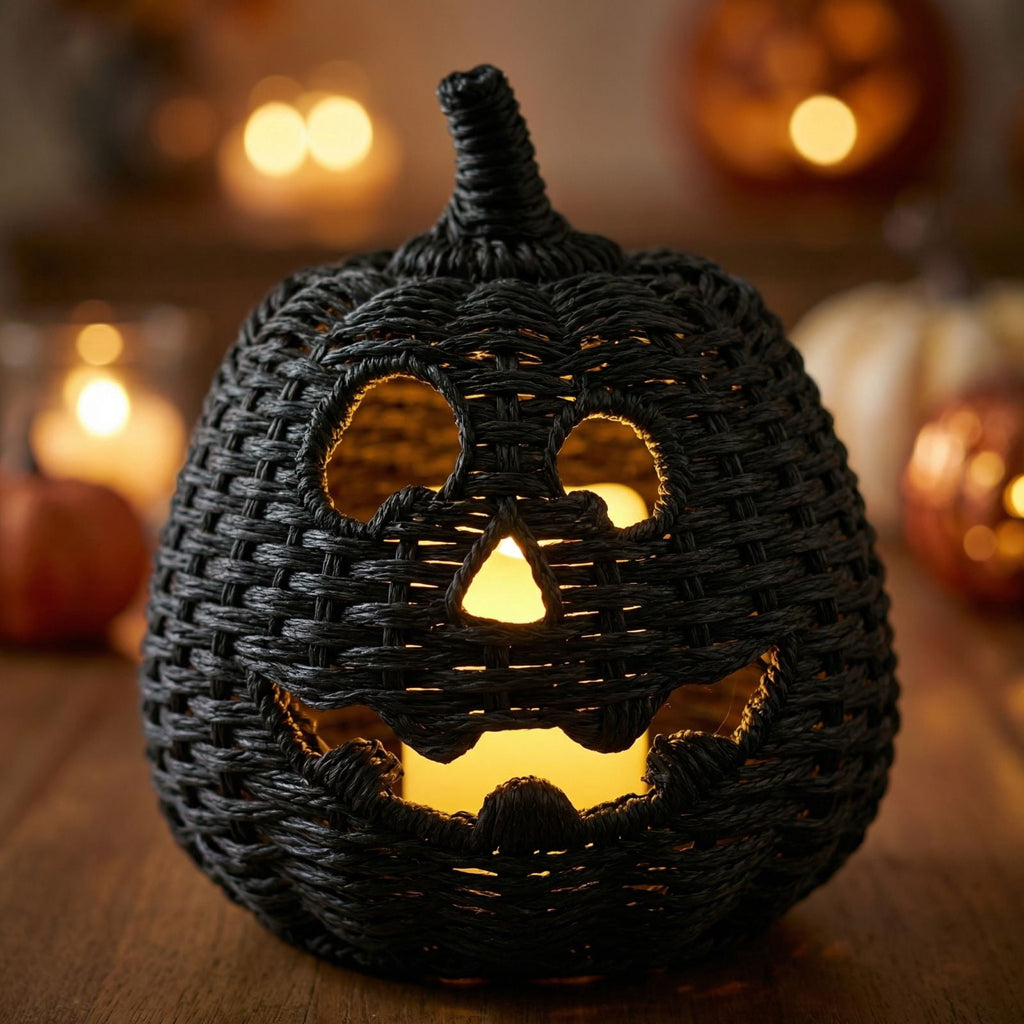 Spooksy™ XHKUYI Halloween Hand-Woven Pumpkin Decorations 10 inch, Happy Haunting Seagrass Plastic Pumpkin Ornament, for Halloween Entryway Tabletop Mantel Haunt House Porch Decor