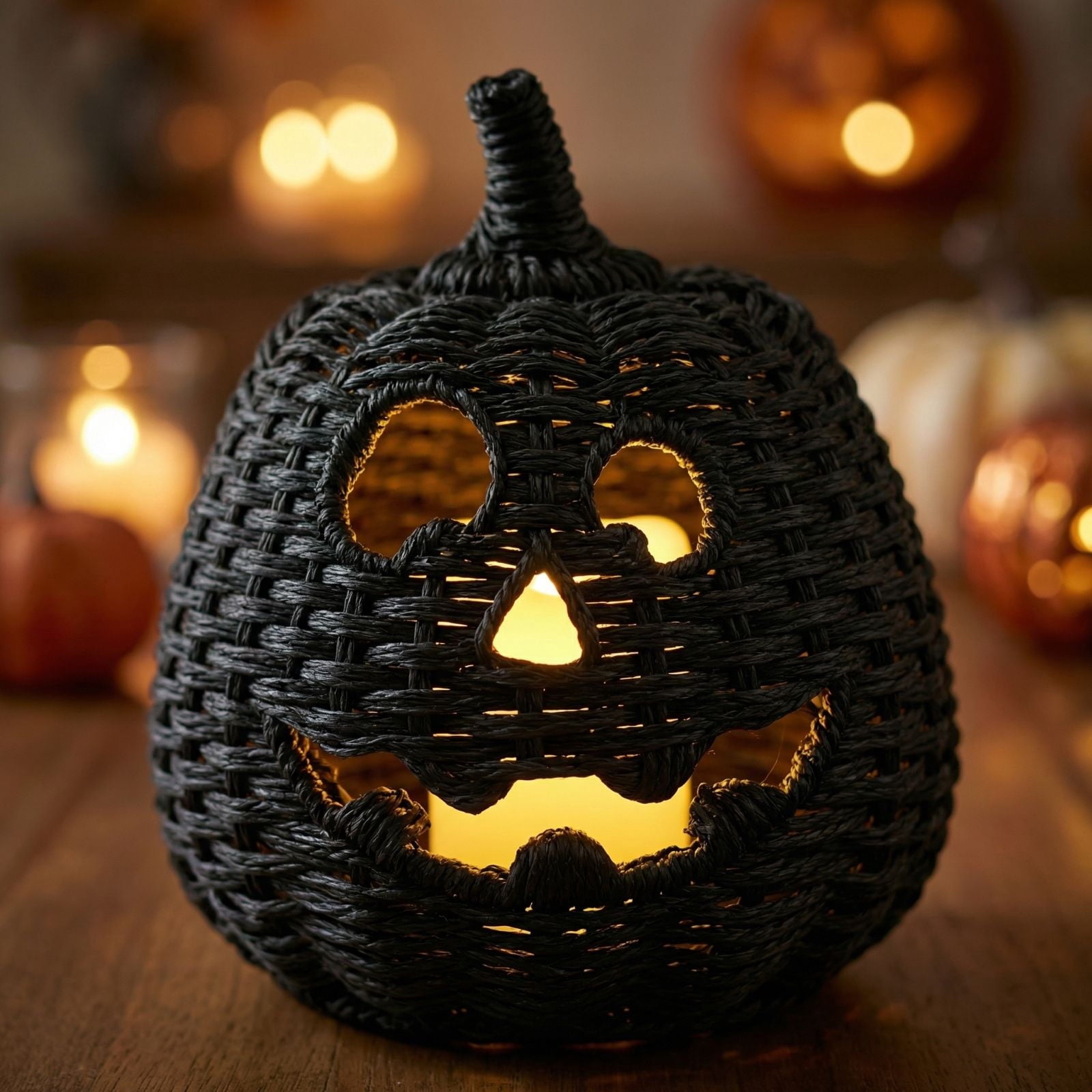 Spooksy™ XHKUYI Halloween Hand-Woven Pumpkin Decorations 10 inch, Happy Haunting Seagrass Plastic Pumpkin Ornament, for Halloween Entryway Tabletop Mantel Haunt House Porch Decor