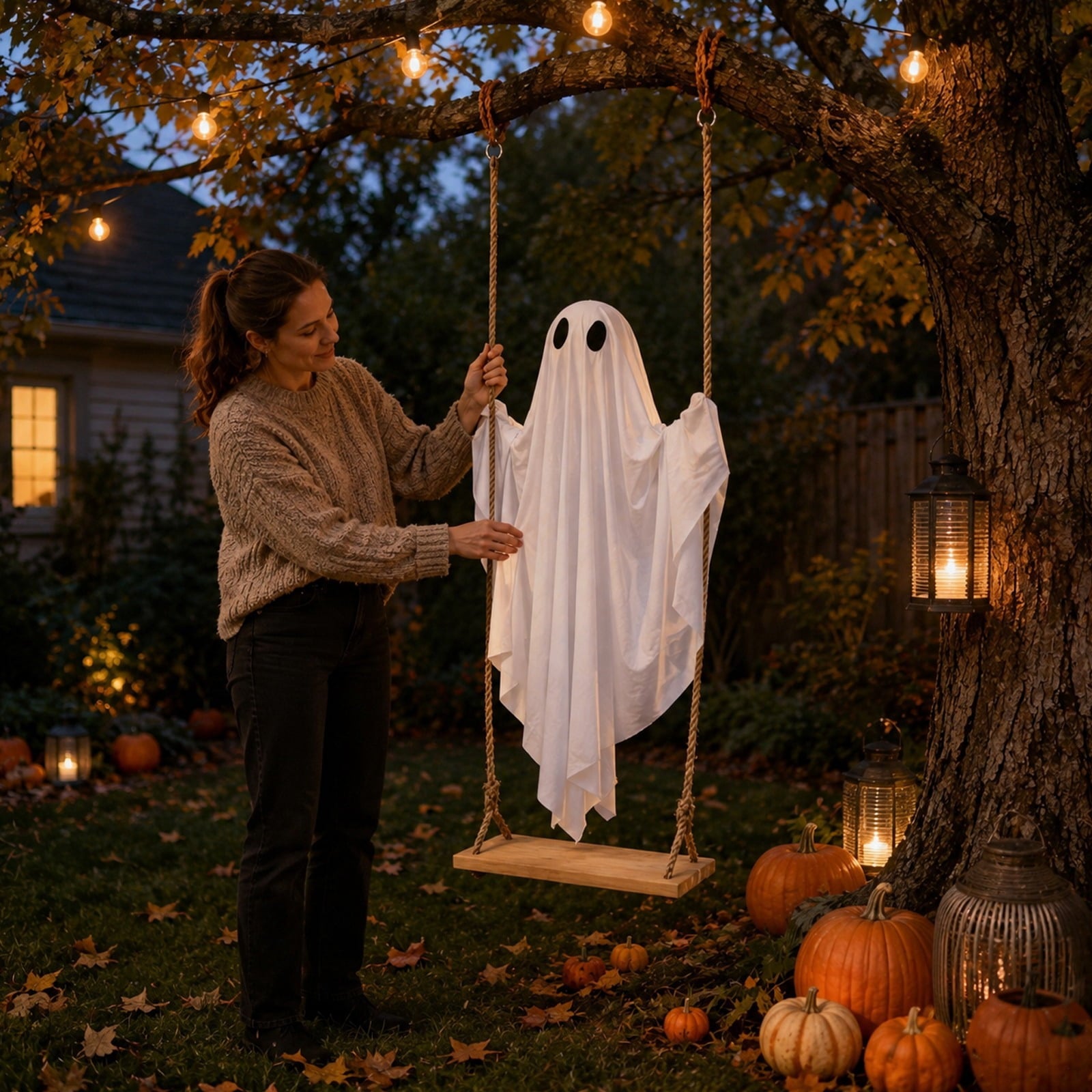 Spooksy™ Hanging Swing Ghost Halloween Ornament, 5FT Cute Spooky Ghost Decor, Outdoor Holiday Decoration for Yard Porch Tree, Ideal Halloween Gift for Family (lamp*1 remote control*1)