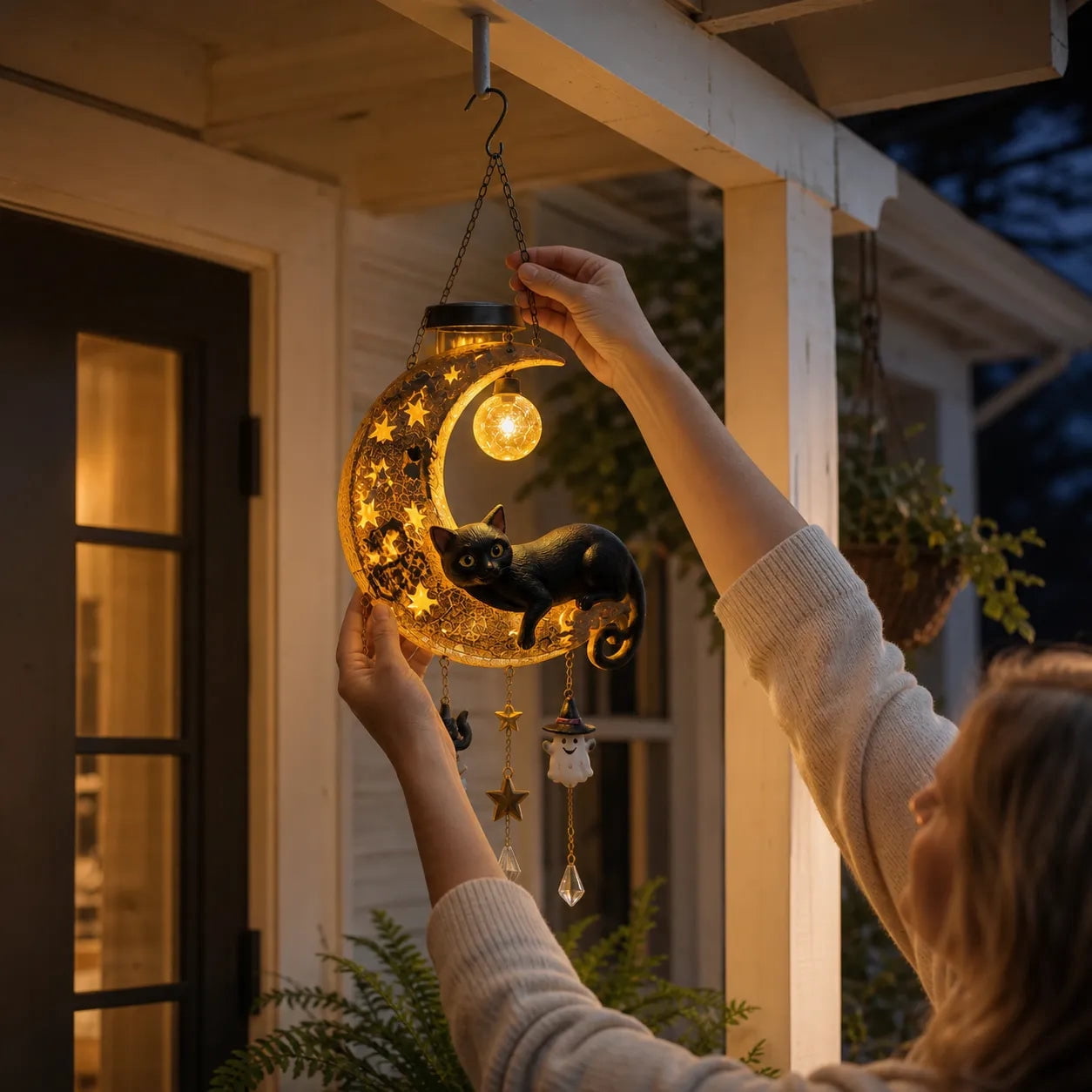 Spooksy™ Homellea Crescent Moon Black Cat Solar Hanging Light, Halloween Resin Ornament with Ghost, Star and Crystal Look Drops for Tree, Porch, Patio, Garden, Balcony and Seasonal Outdoor Display